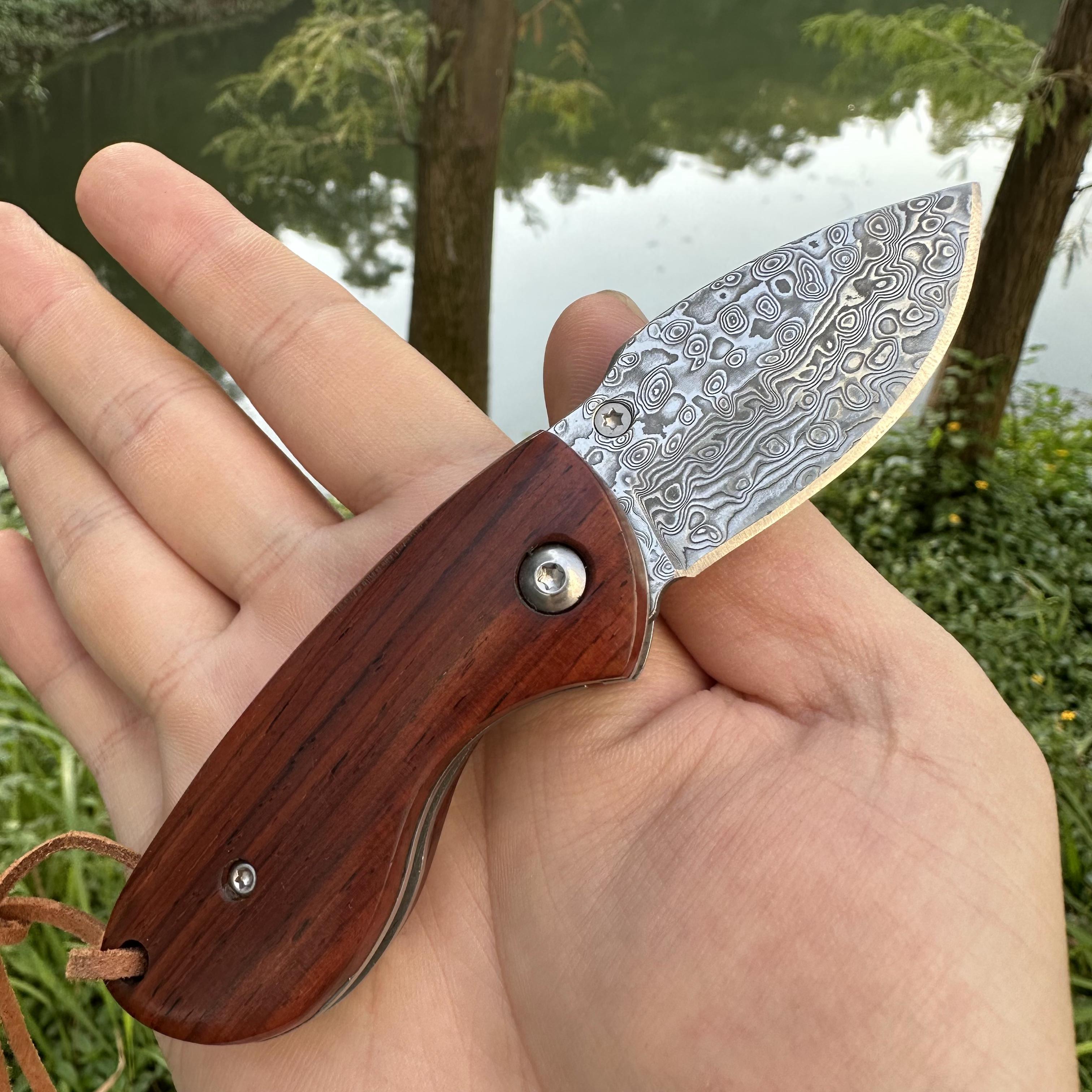 RJ09 Damascus Blade Rose Wood Handle Mini Pocket Knife Liner Lock