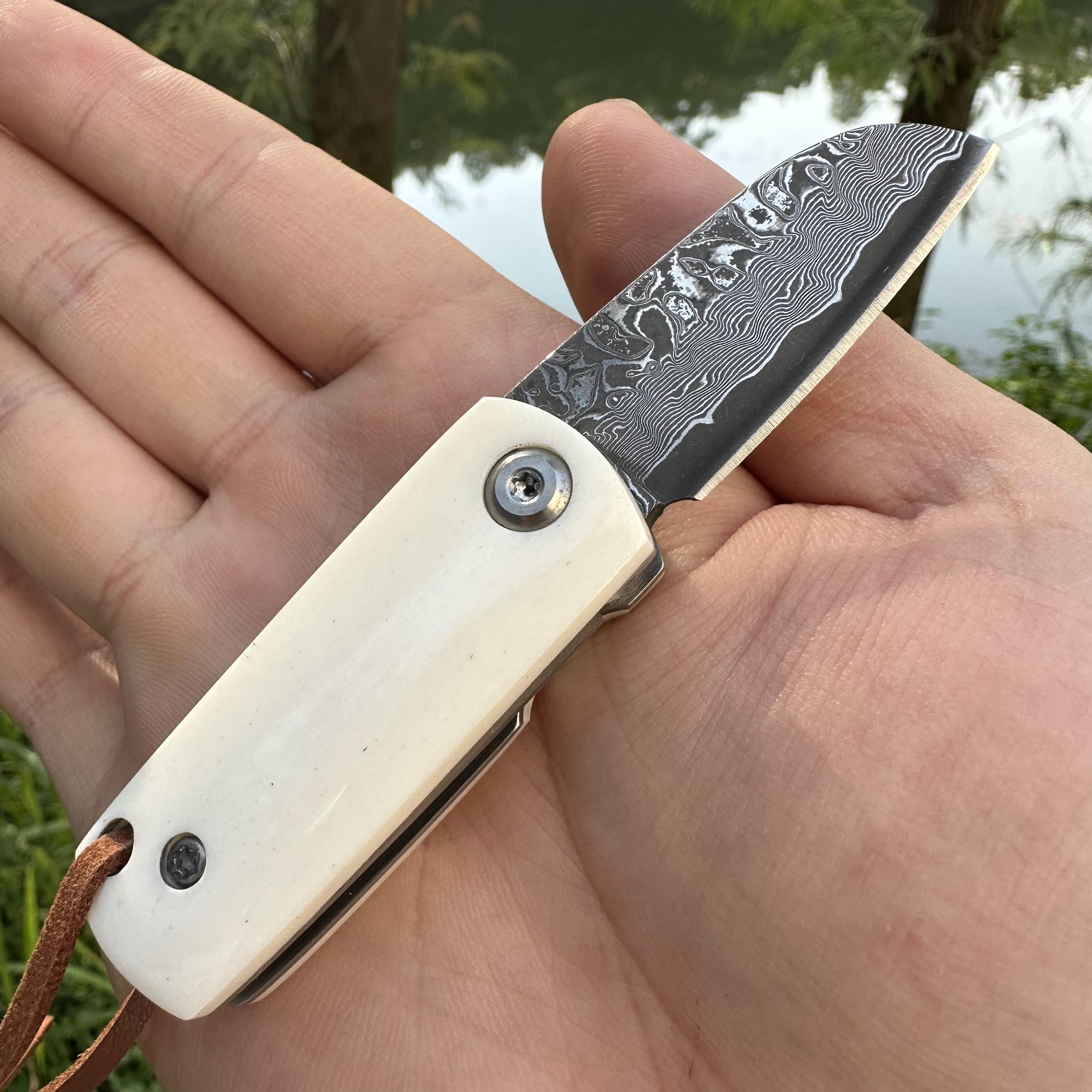 RJ10 Damascus Blade Beef Bone Handle Mini Pocket Knife Liner Lock