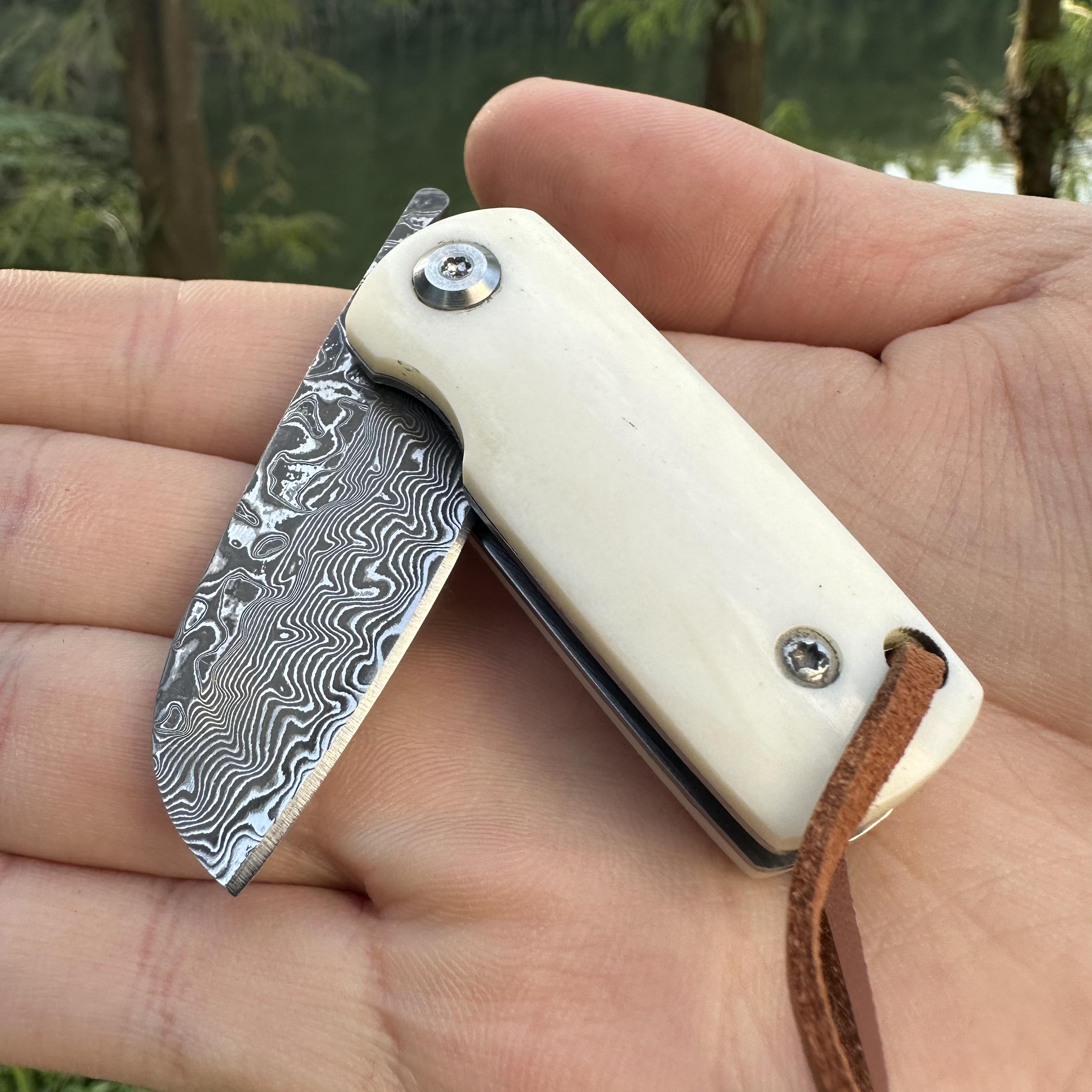 RJ10 Damascus Blade Beef Bone Handle Mini Pocket Knife Liner Lock