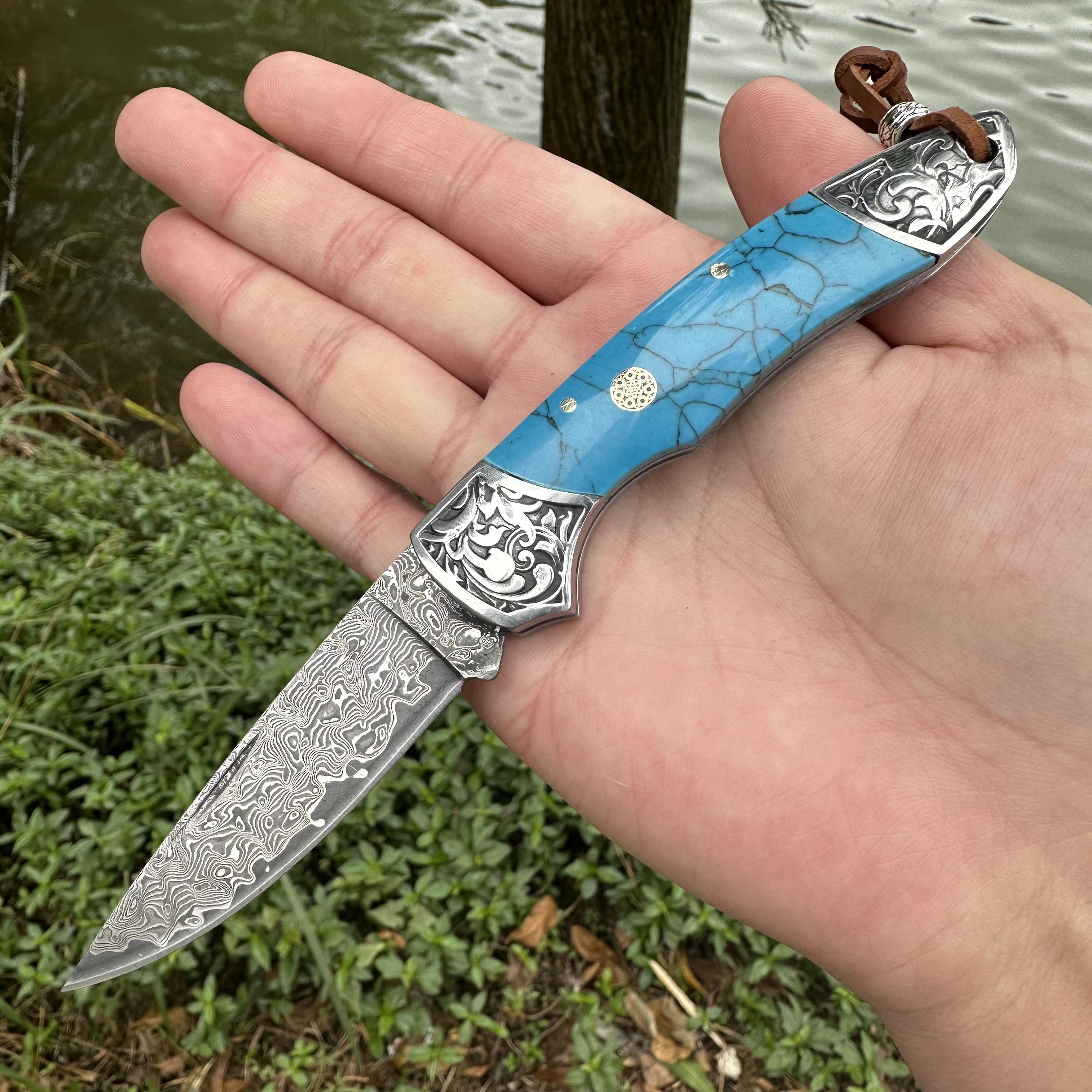 RJ11 Damascus Blade Beef Bone/Agate Handle Pocket Knife