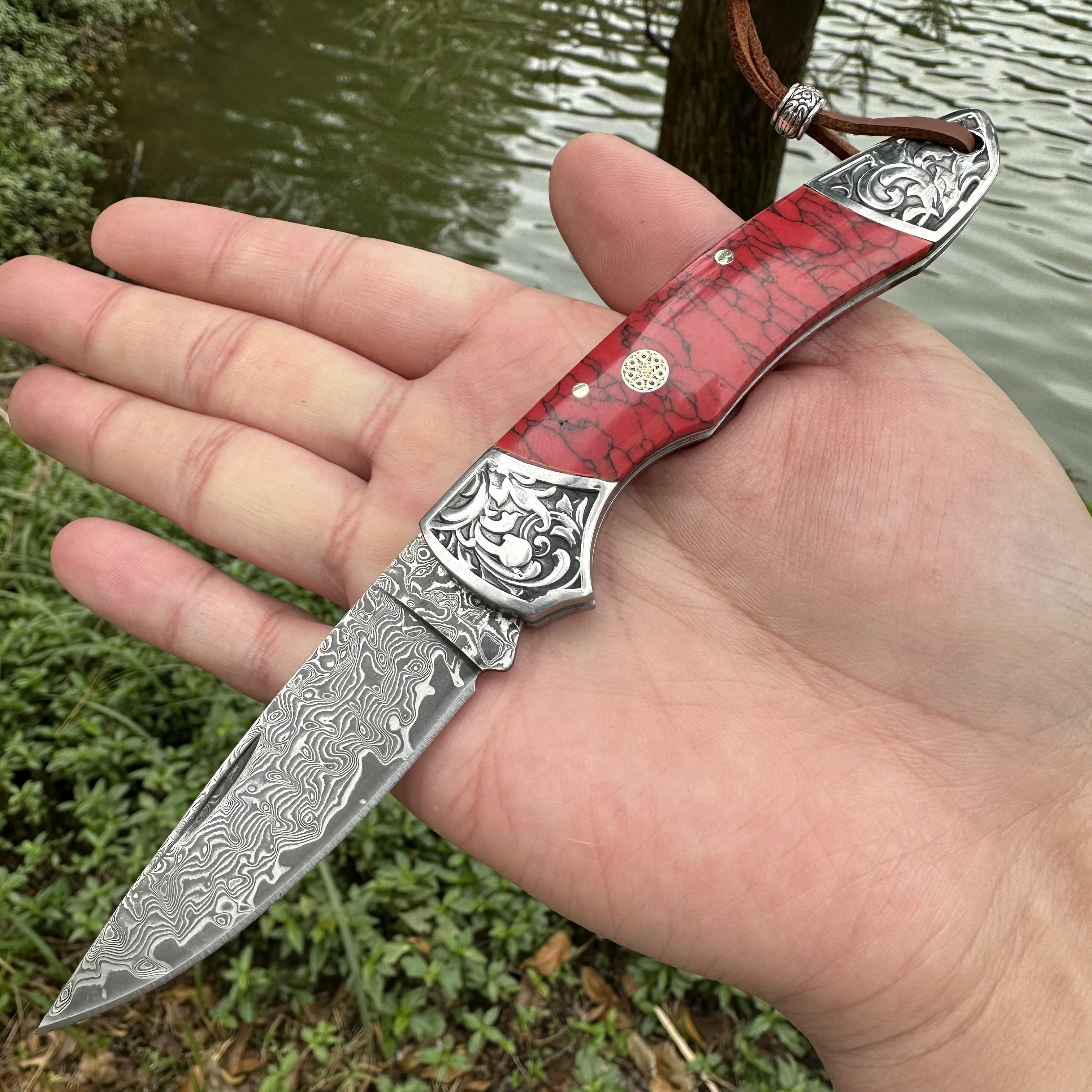 RJ11 Damascus Blade Beef Bone/Agate Handle Pocket Knife