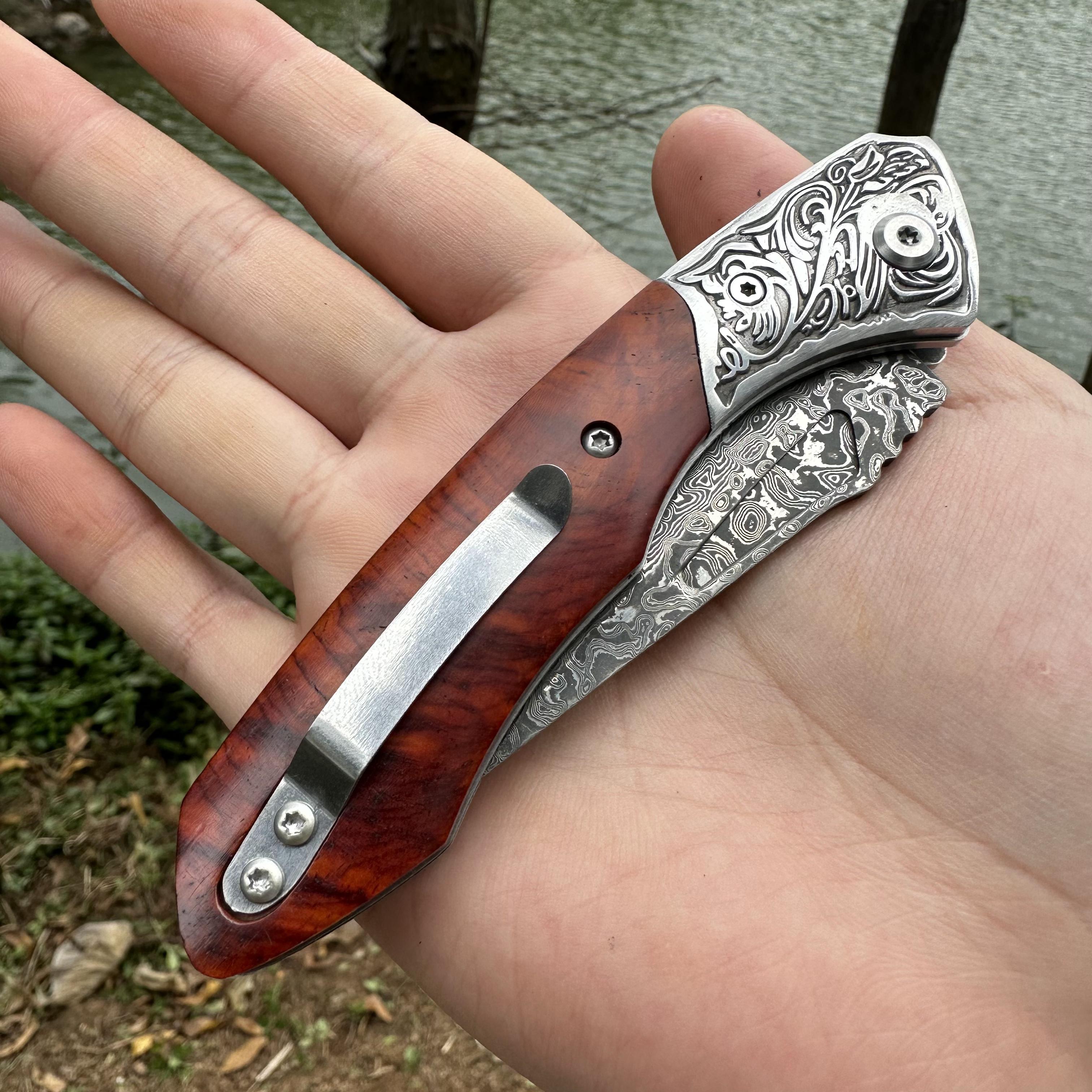 RJ14 Damascus Blade Sandalwood Handle Pocket Knife