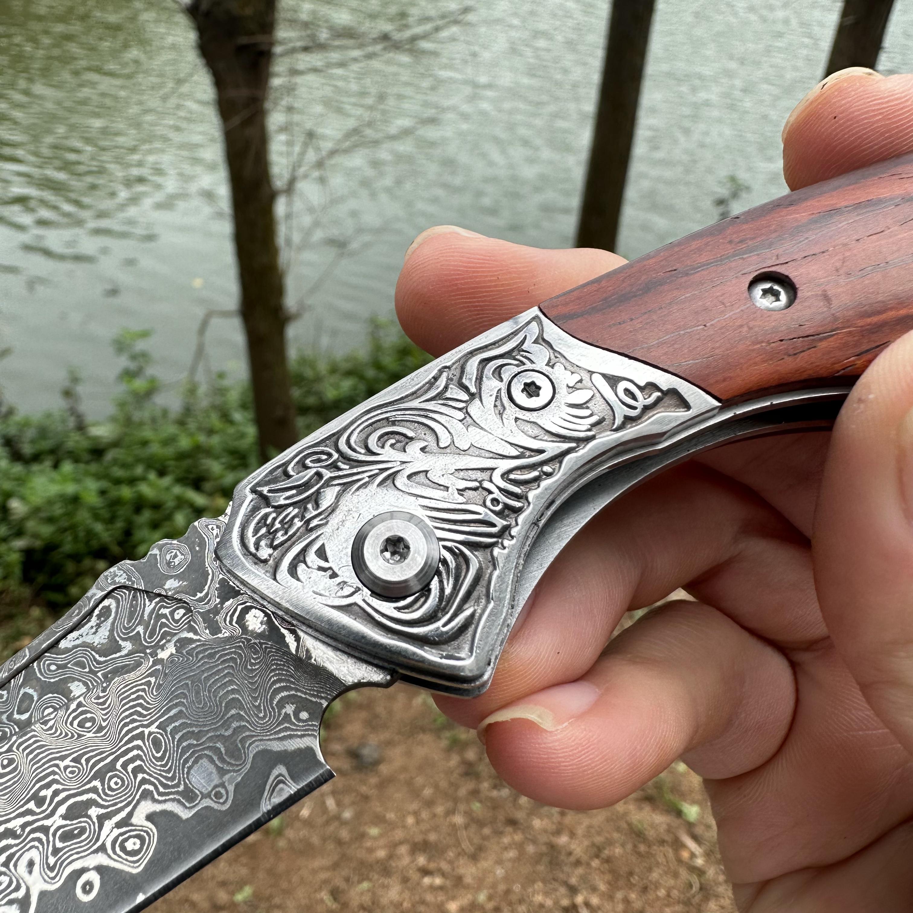 RJ14 Damascus Blade Sandalwood Handle Pocket Knife