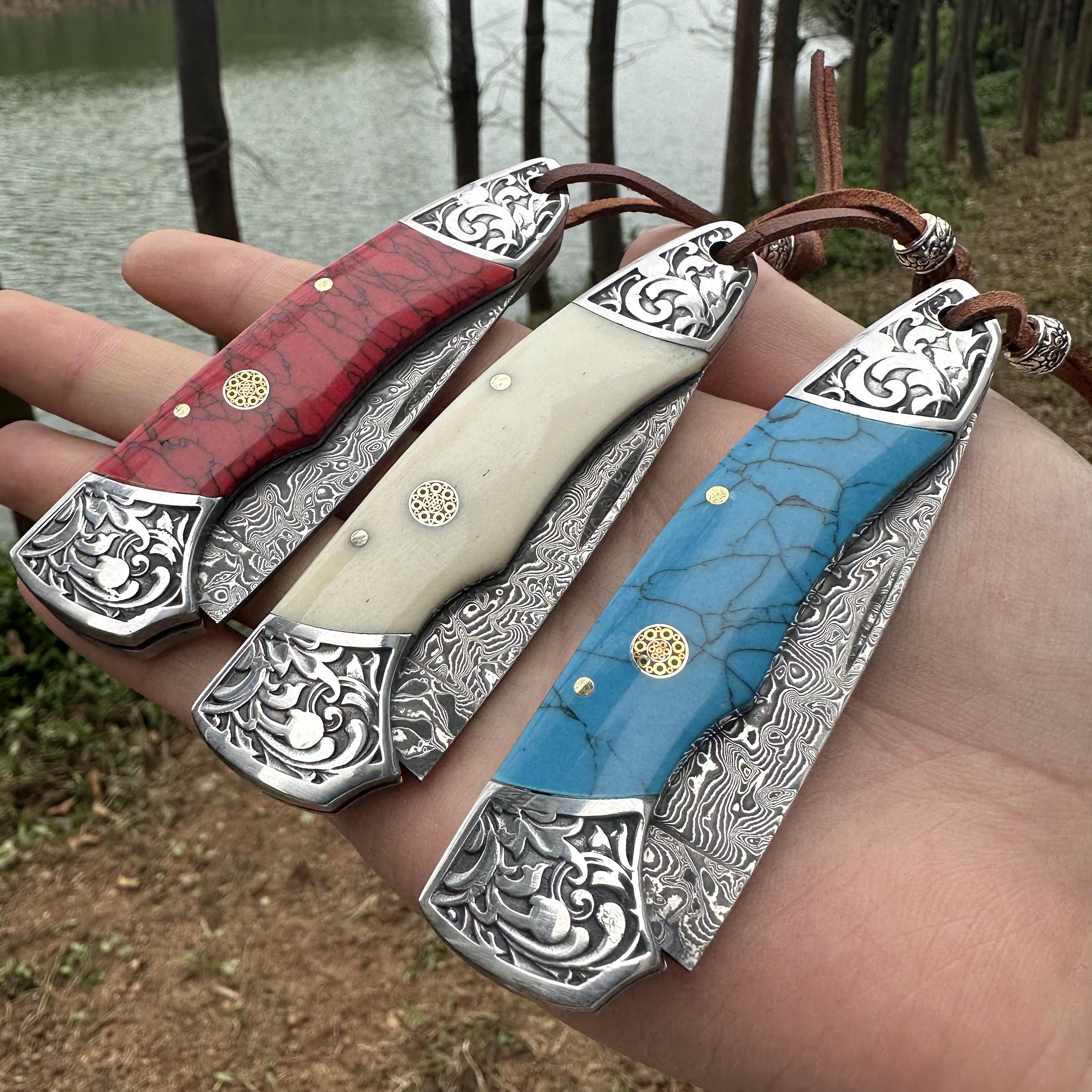 RJ11 Damascus Blade Beef Bone/Agate Handle Pocket Knife