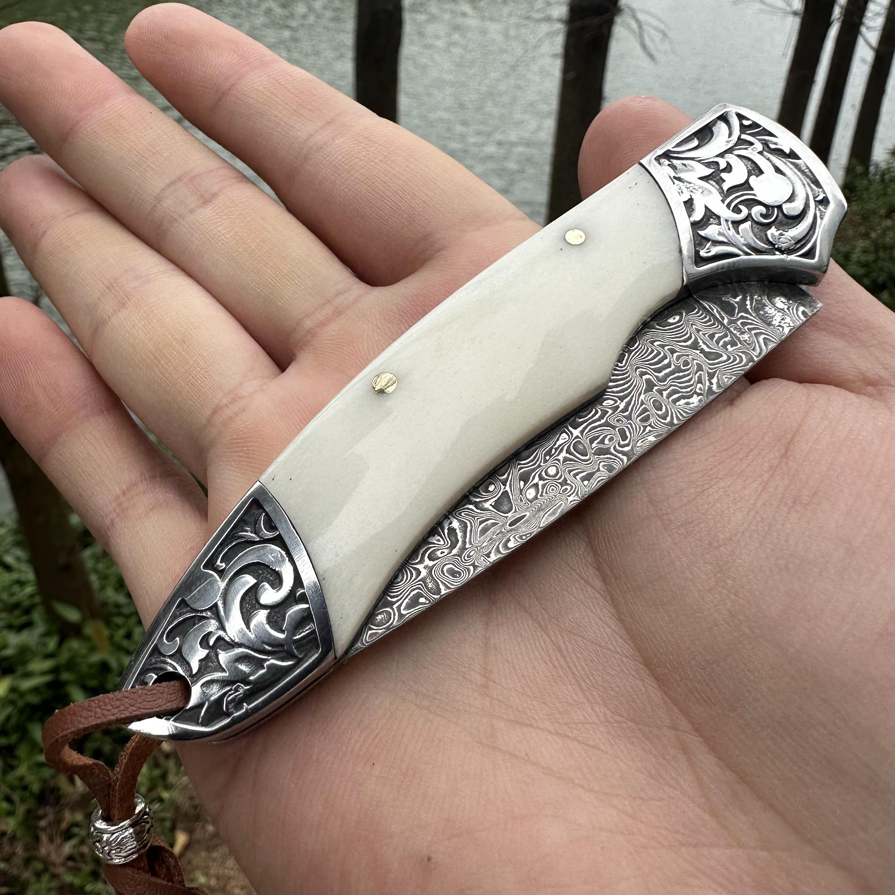 RJ11 Damascus Blade Beef Bone/Agate Handle Pocket Knife