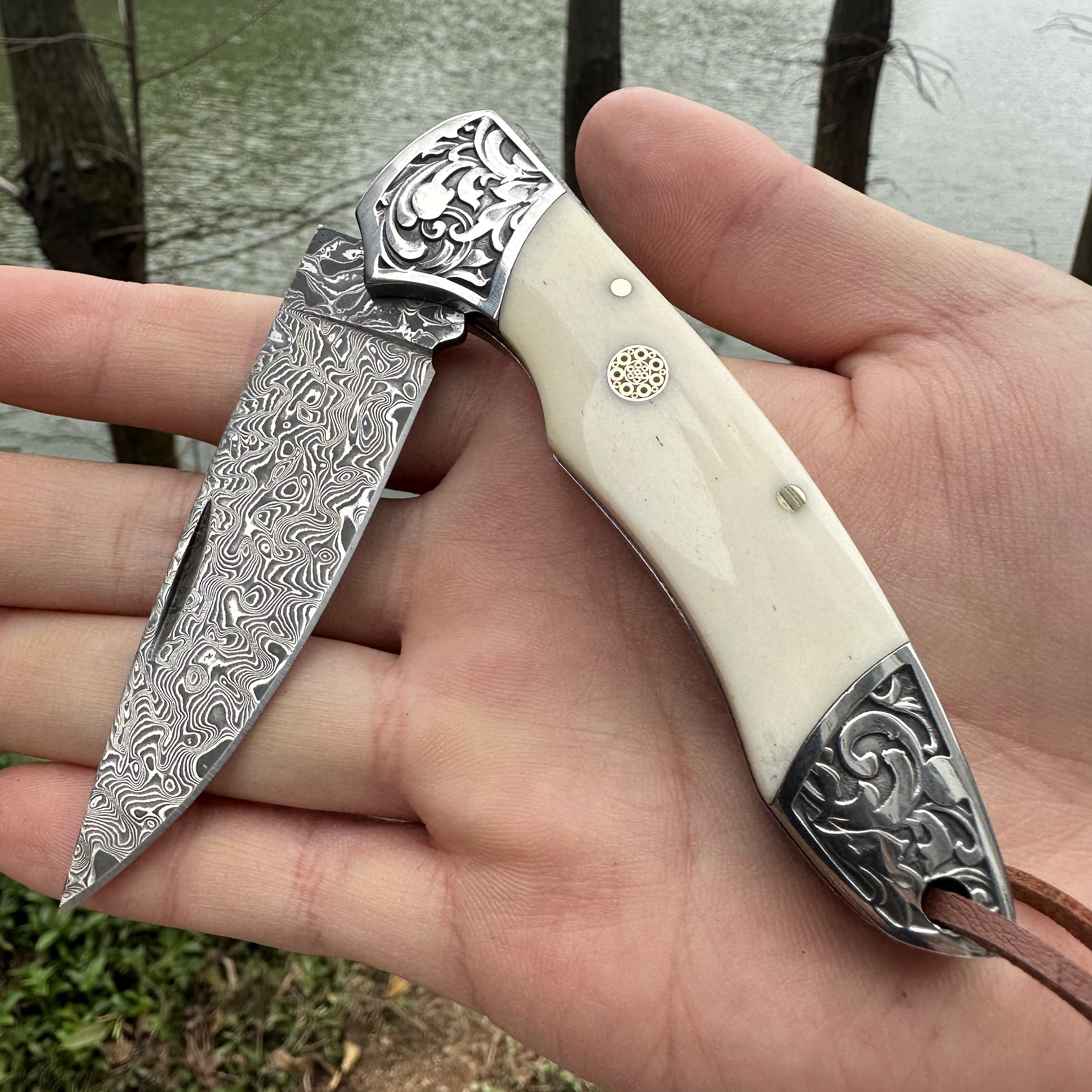 RJ11 Damascus Blade Beef Bone/Agate Handle Pocket Knife