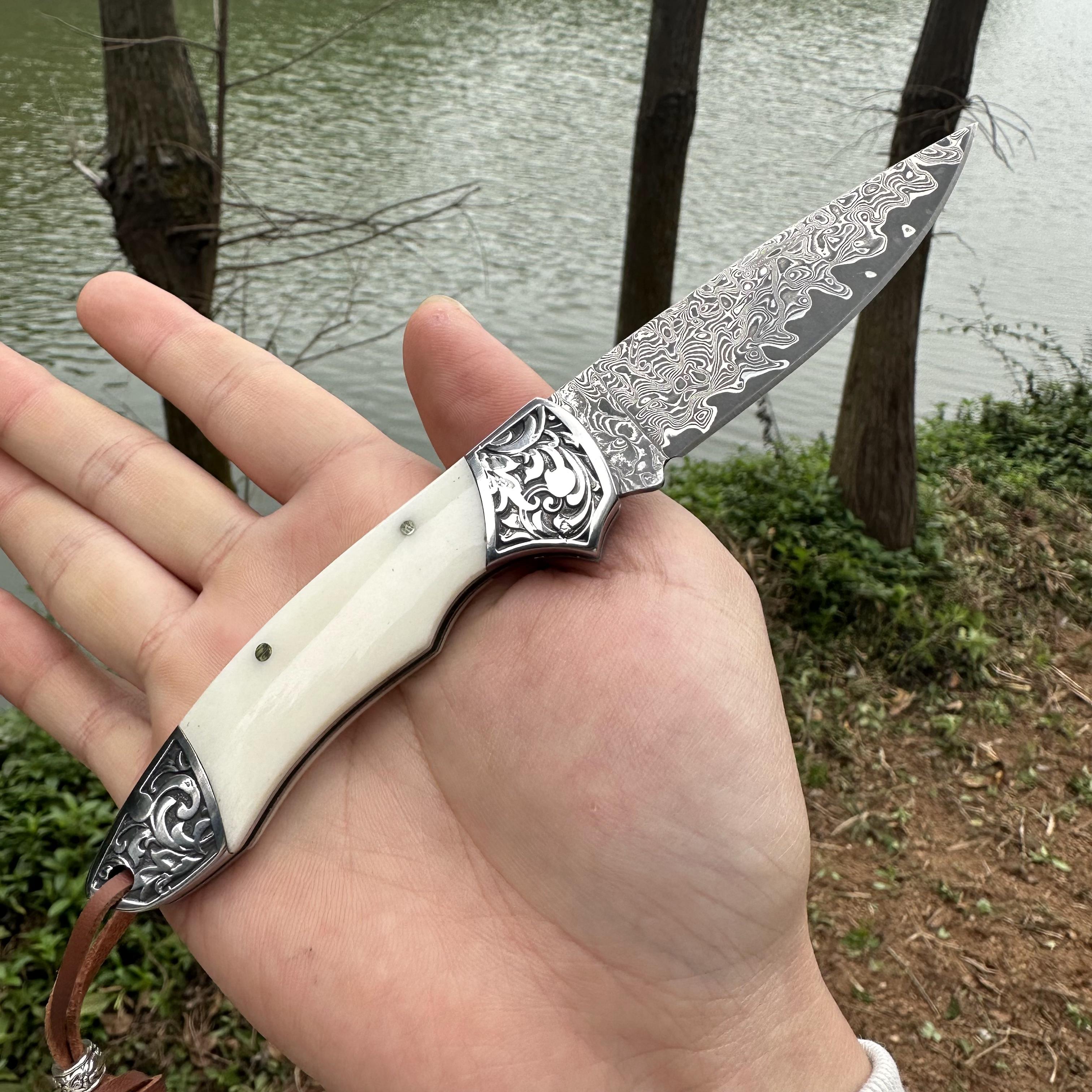 RJ11 Damascus Blade Beef Bone/Agate Handle Pocket Knife