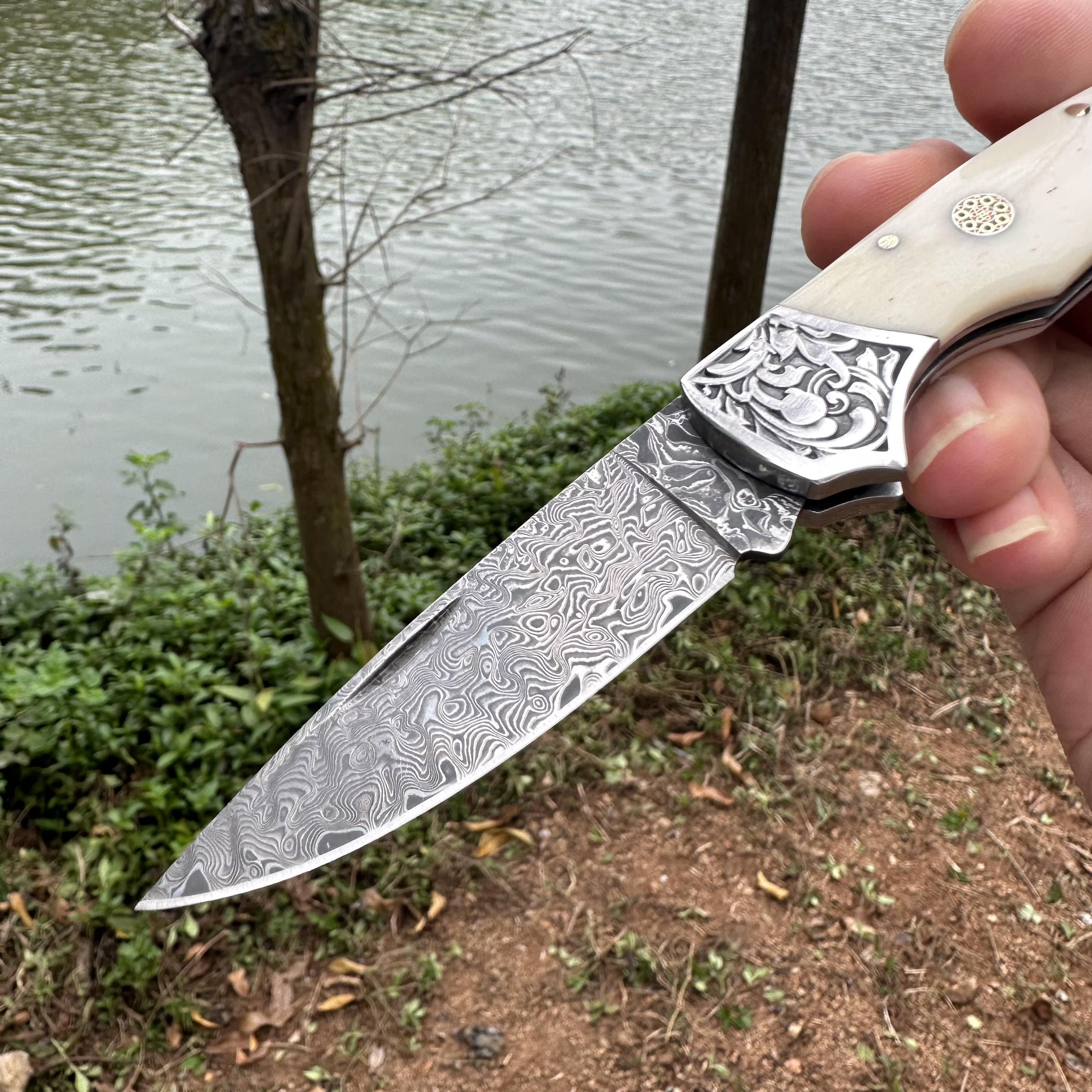 RJ11 Damascus Blade Beef Bone/Agate Handle Pocket Knife