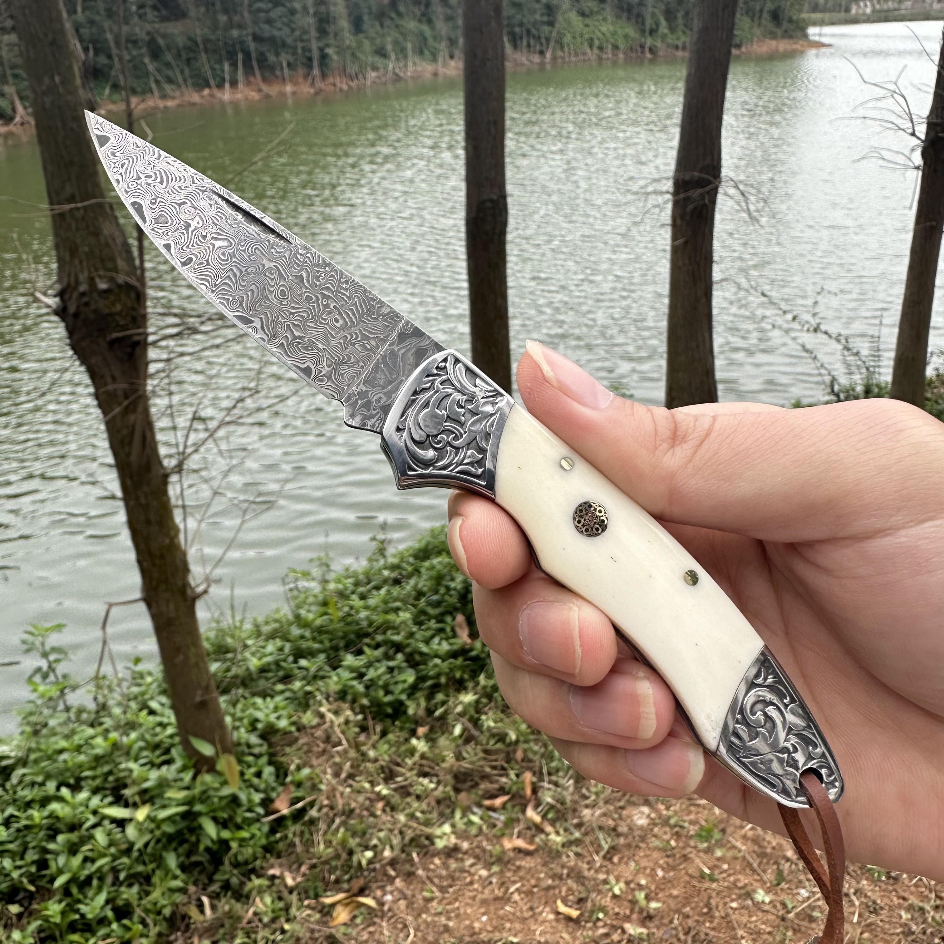 RJ11 Damascus Blade Beef Bone/Agate Handle Pocket Knife