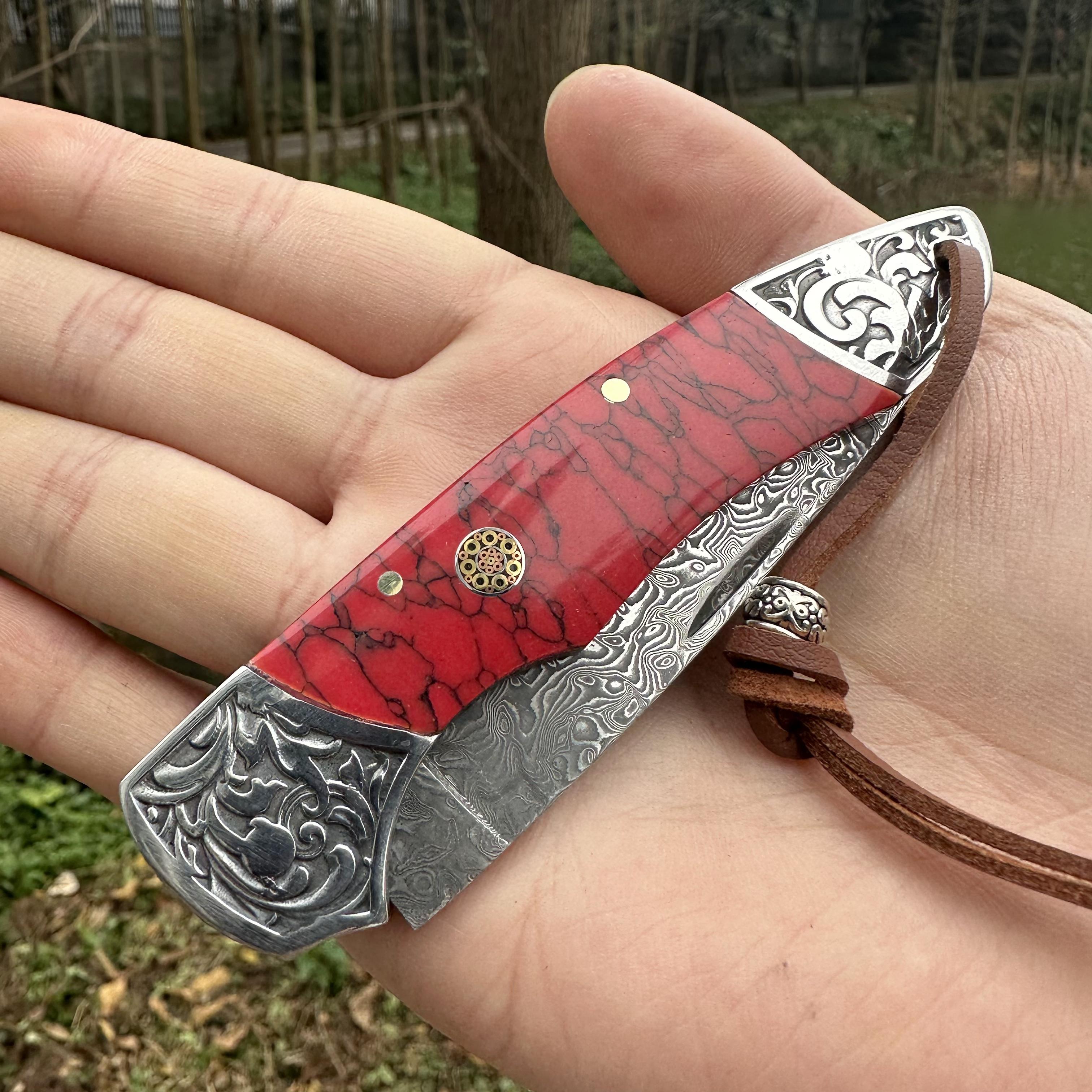 RJ11 Damascus Blade Beef Bone/Agate Handle Pocket Knife