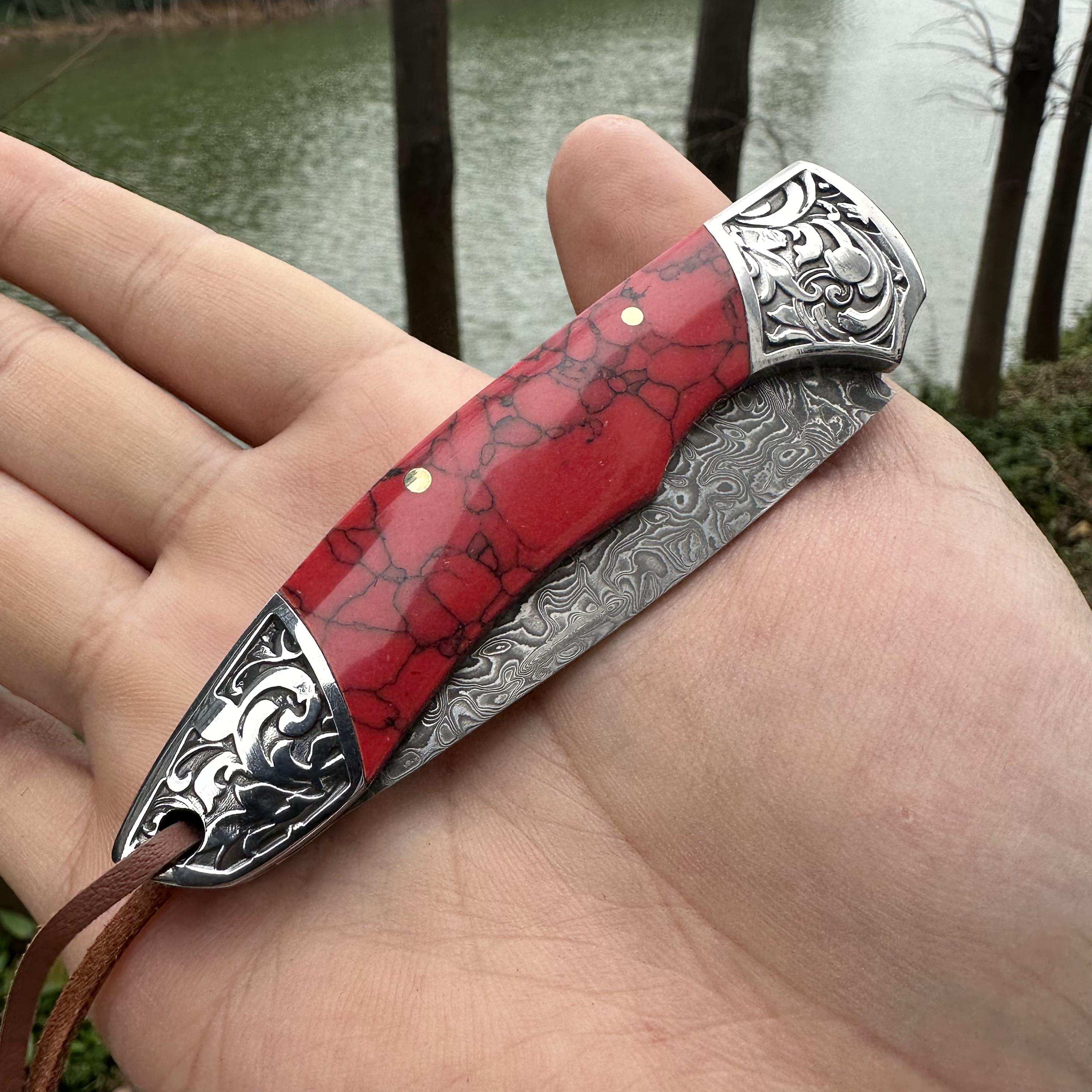 RJ11 Damascus Blade Beef Bone/Agate Handle Pocket Knife