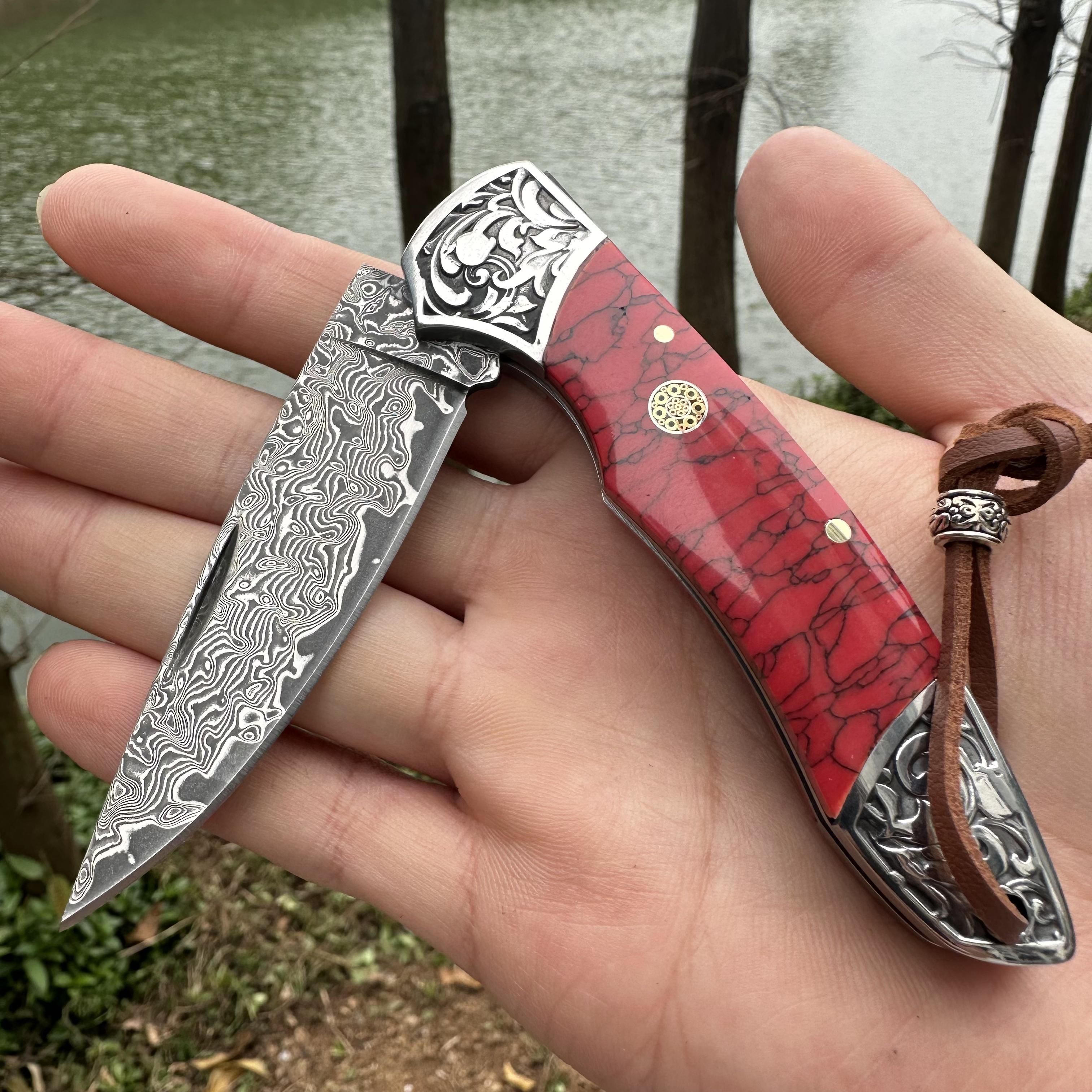 RJ11 Damascus Blade Beef Bone/Agate Handle Pocket Knife