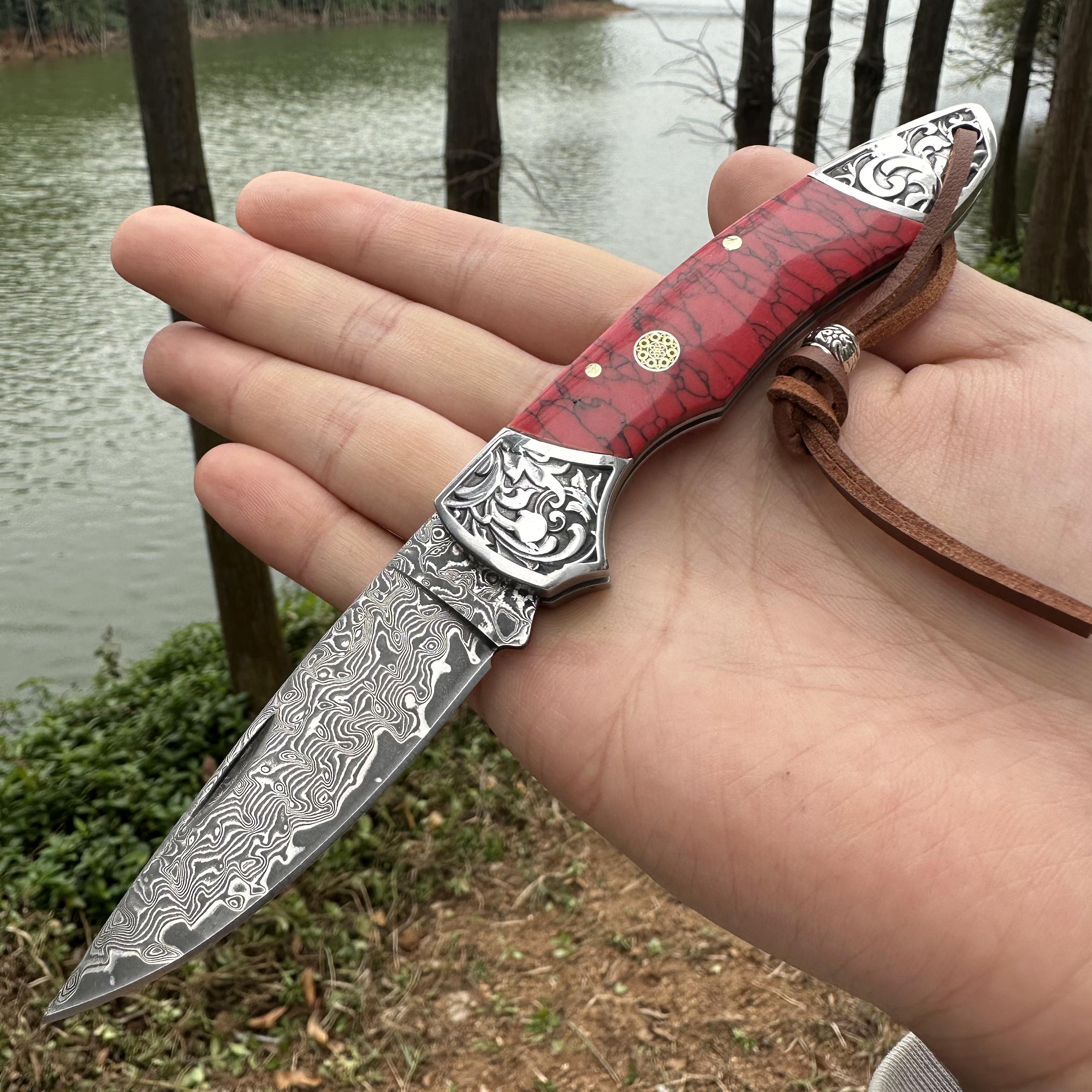 RJ11 Damascus Blade Beef Bone/Agate Handle Pocket Knife