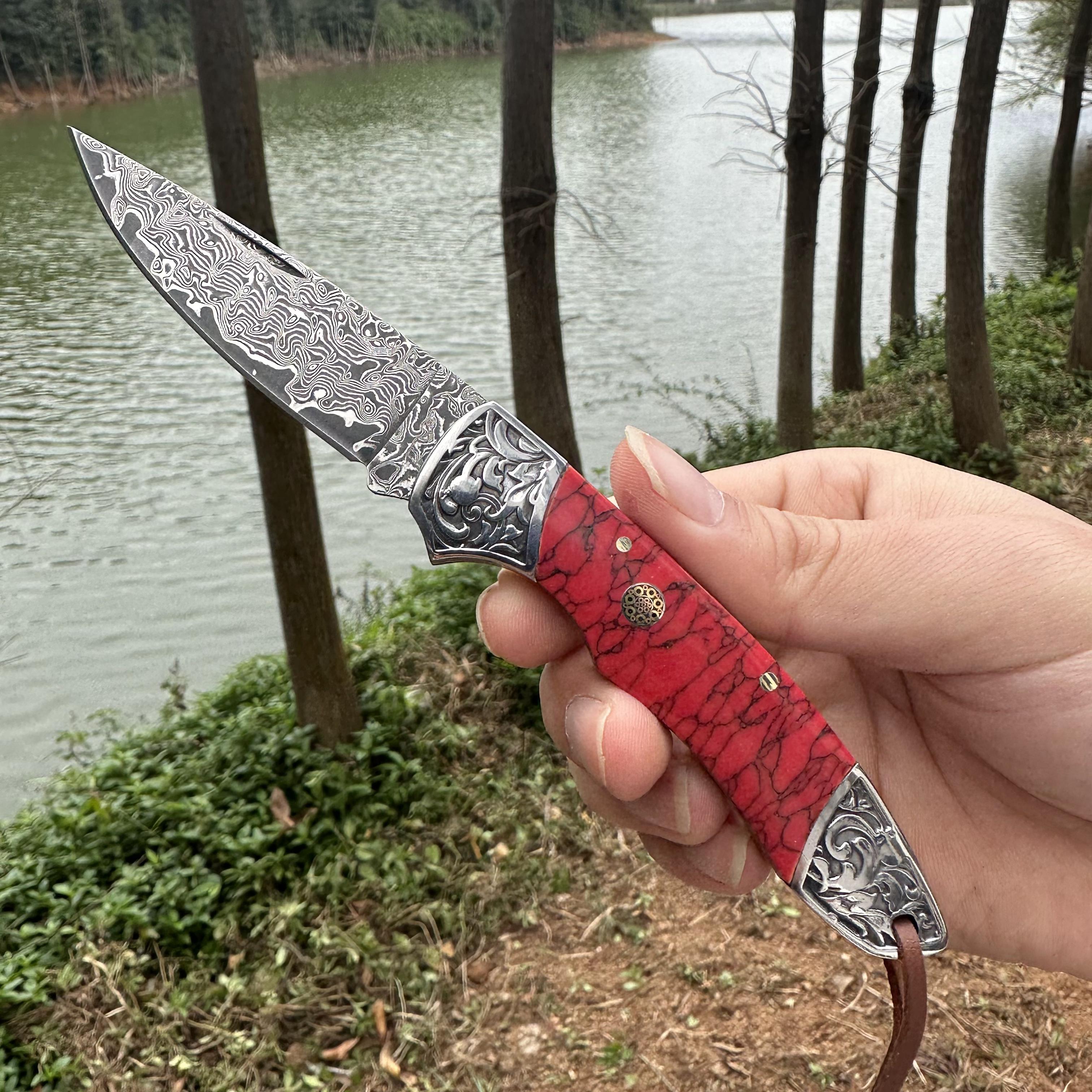 RJ11 Damascus Blade Beef Bone/Agate Handle Pocket Knife