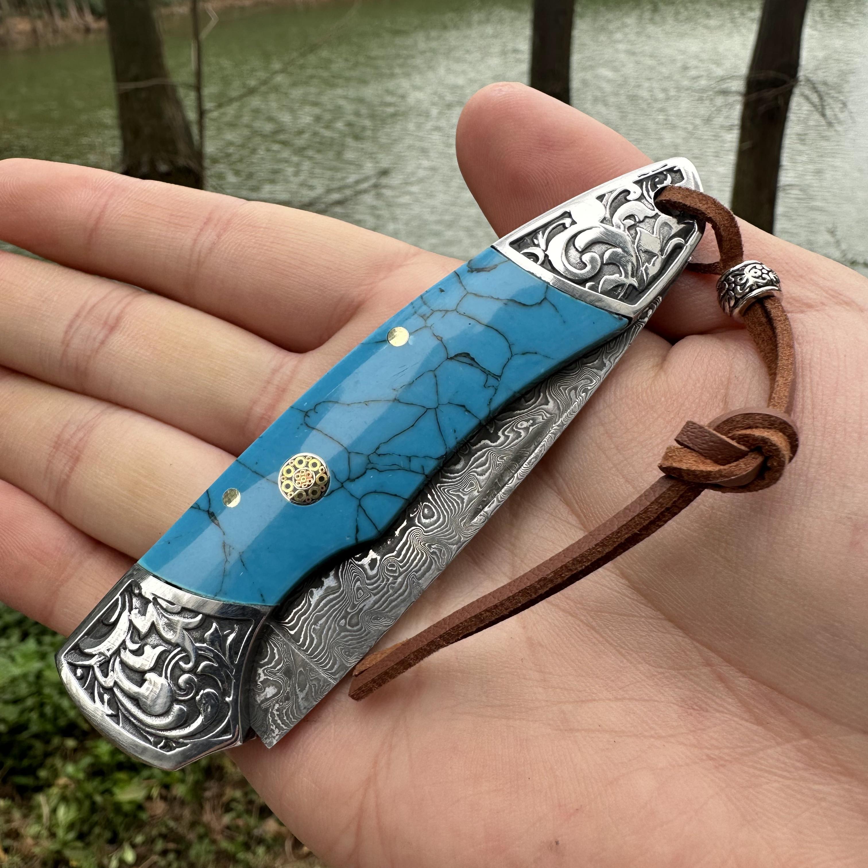 RJ11 Damascus Blade Beef Bone/Agate Handle Pocket Knife