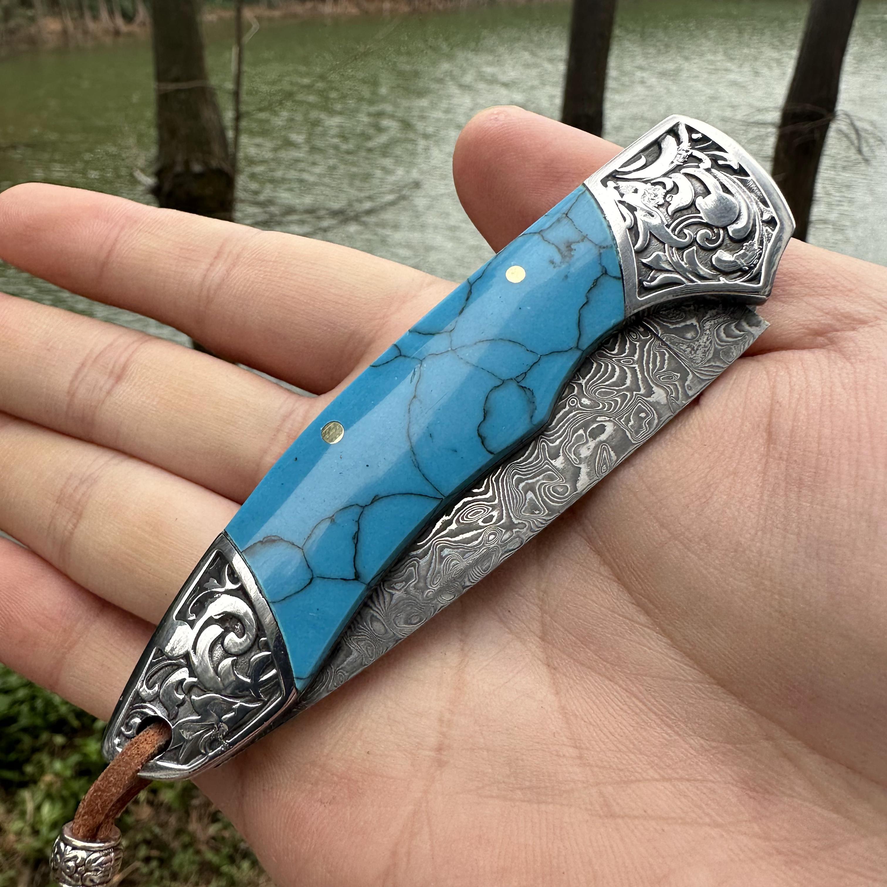 RJ11 Damascus Blade Beef Bone/Agate Handle Pocket Knife