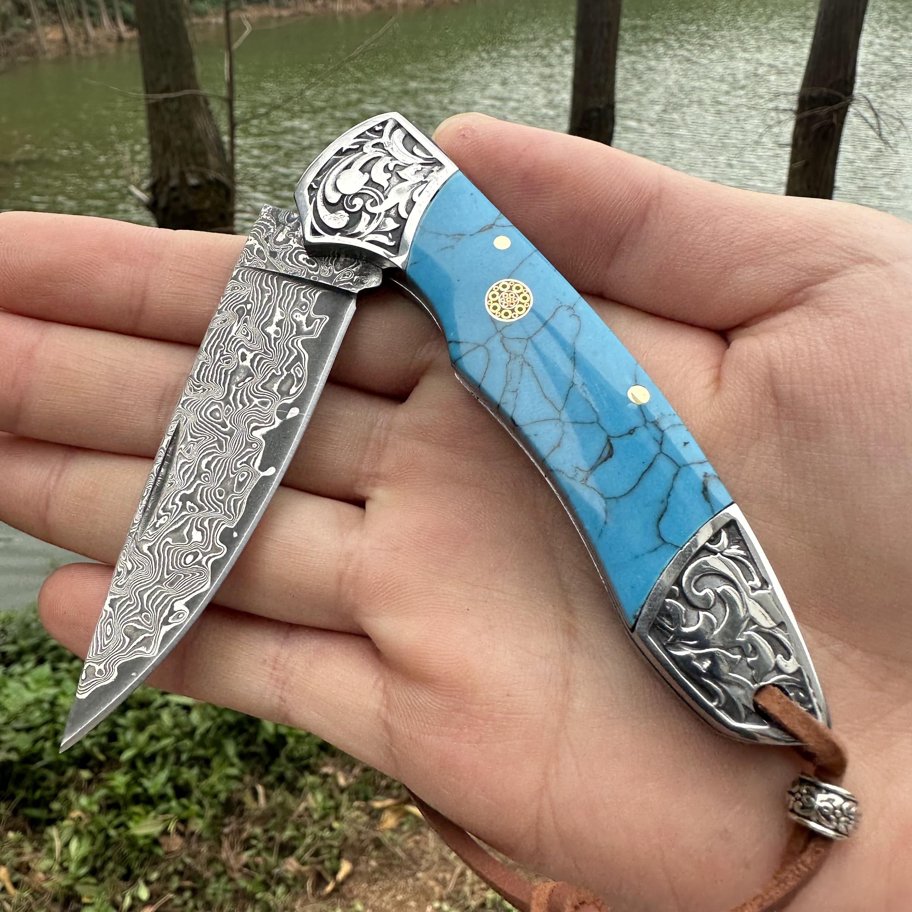 RJ11 Damascus Blade Beef Bone/Agate Handle Pocket Knife