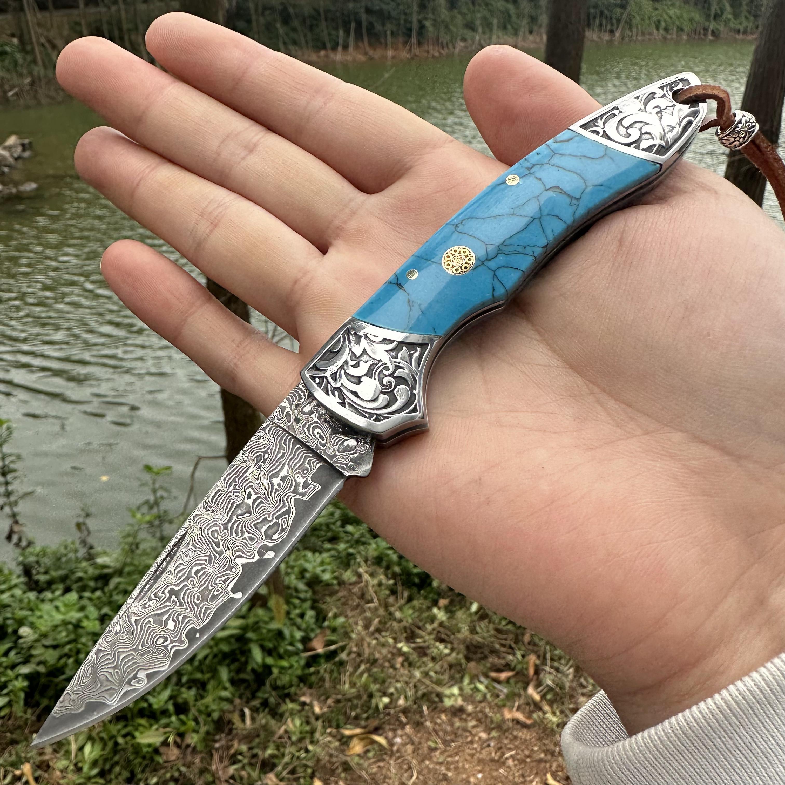 RJ11 Damascus Blade Beef Bone/Agate Handle Pocket Knife