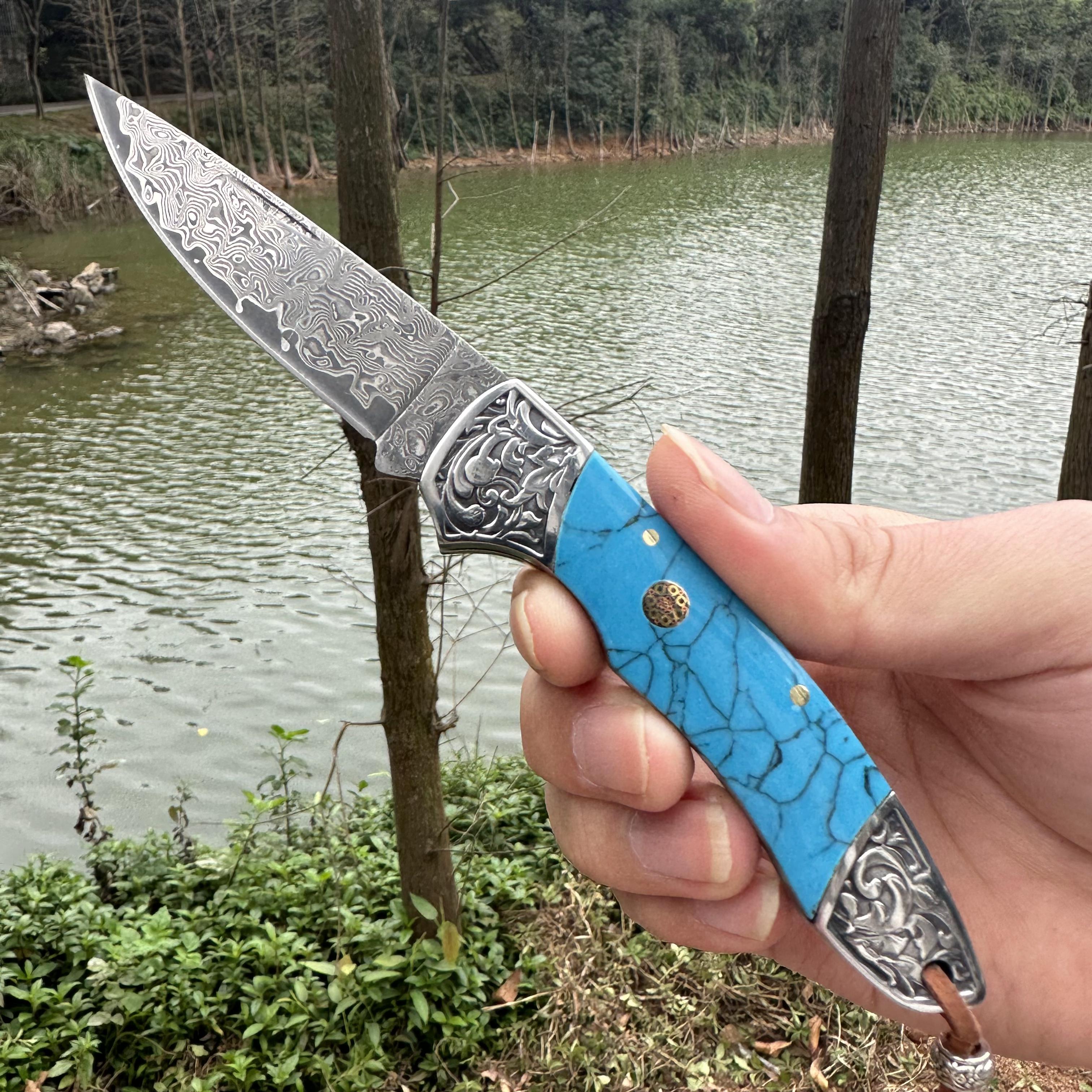 RJ11 Damascus Blade Beef Bone/Agate Handle Pocket Knife