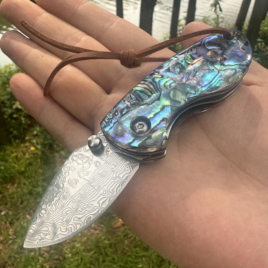 RJ12 Damascus Blade Abalone Handle Mini Pocket Knife Liner Lock