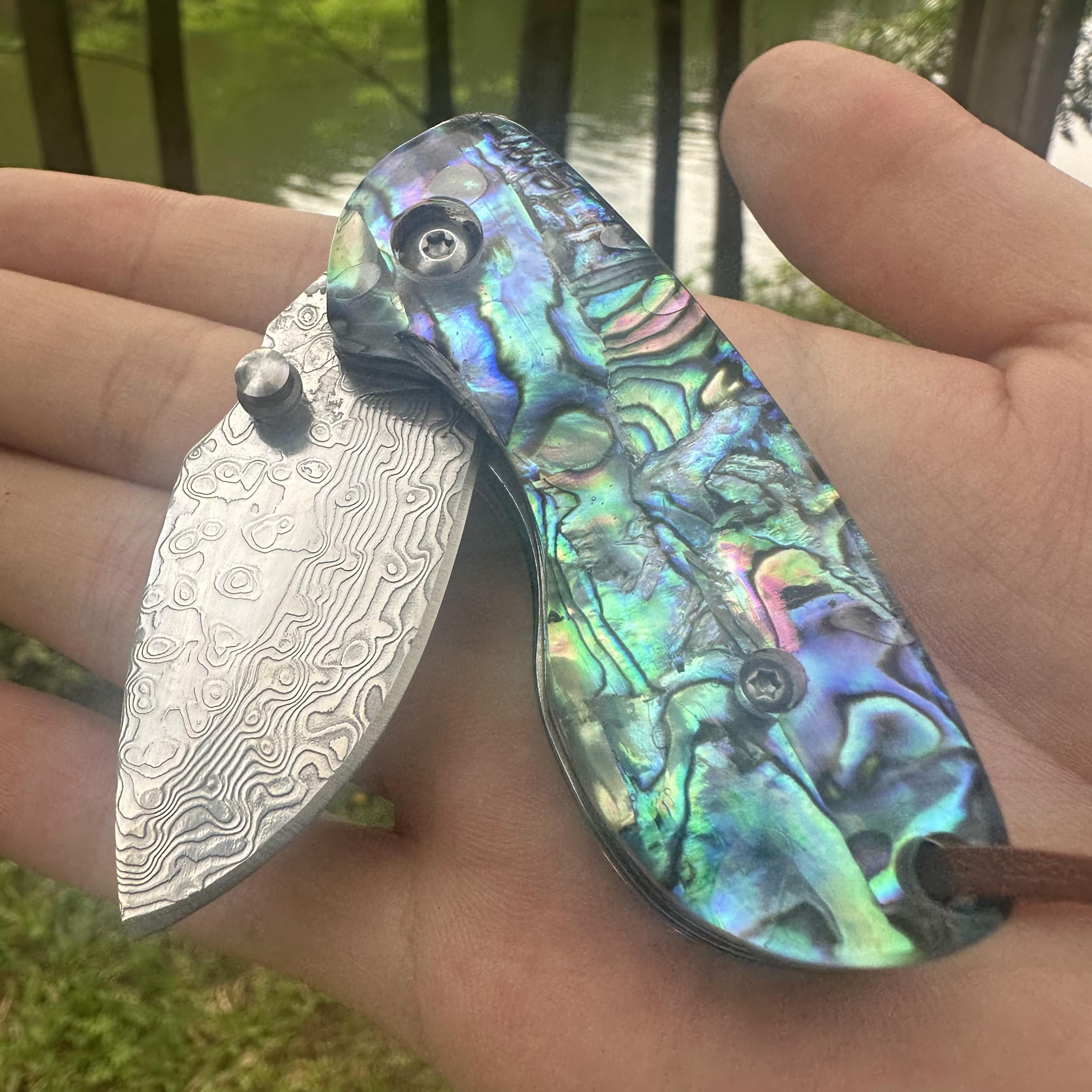 RJ12 Damascus Blade Abalone Handle Mini Pocket Knife Liner Lock