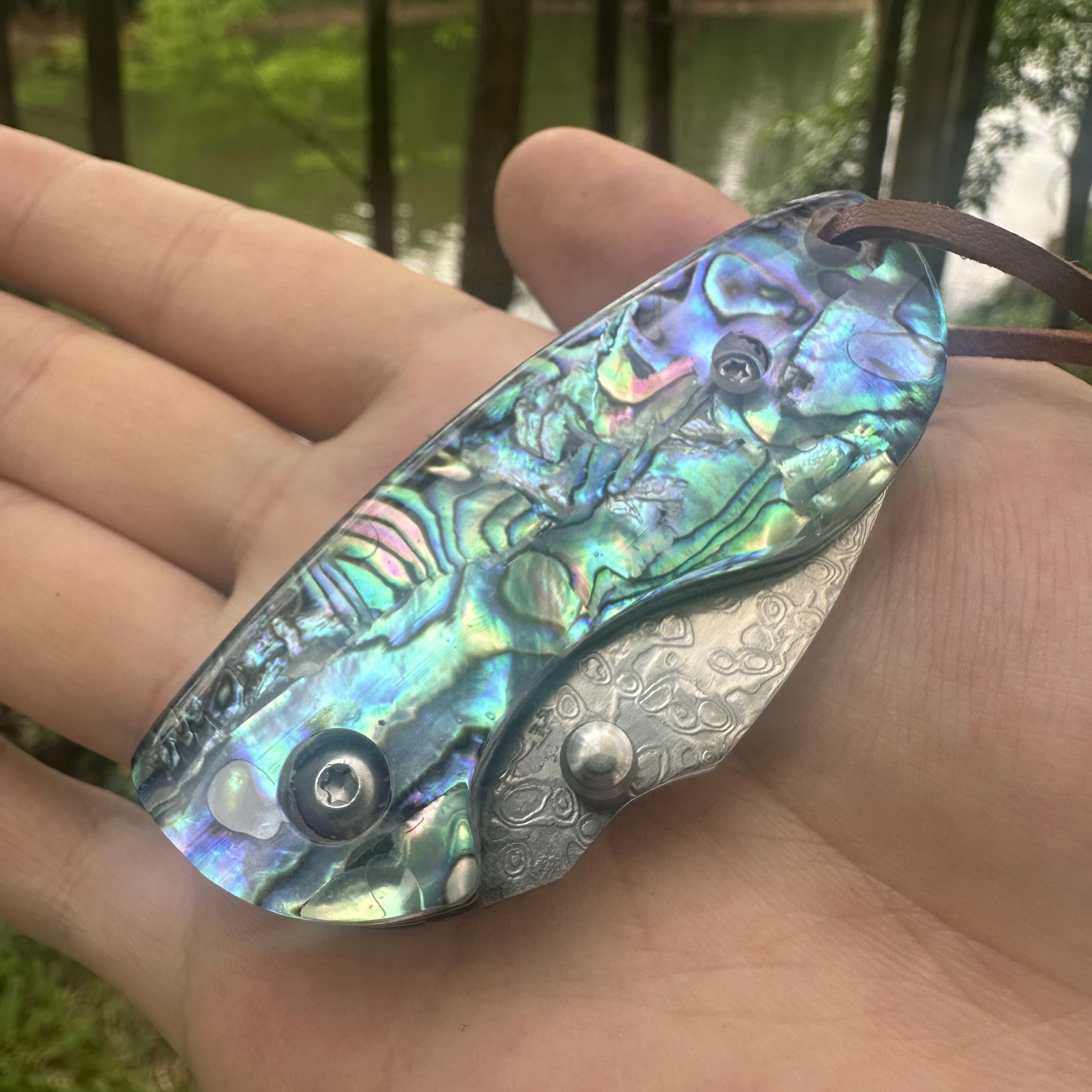 RJ12 Damascus Blade Abalone Handle Mini Pocket Knife Liner Lock