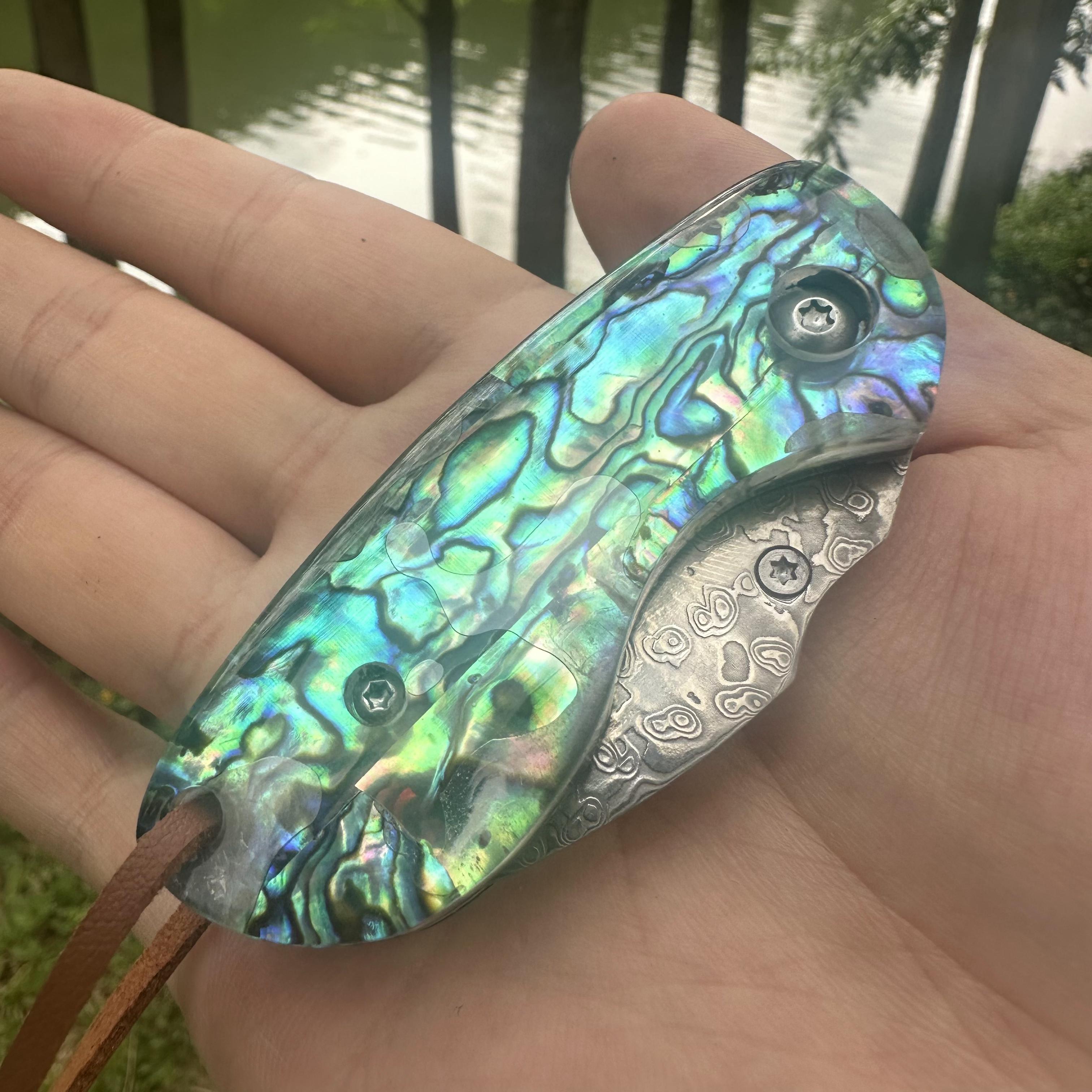 RJ12 Damascus Blade Abalone Handle Mini Pocket Knife Liner Lock