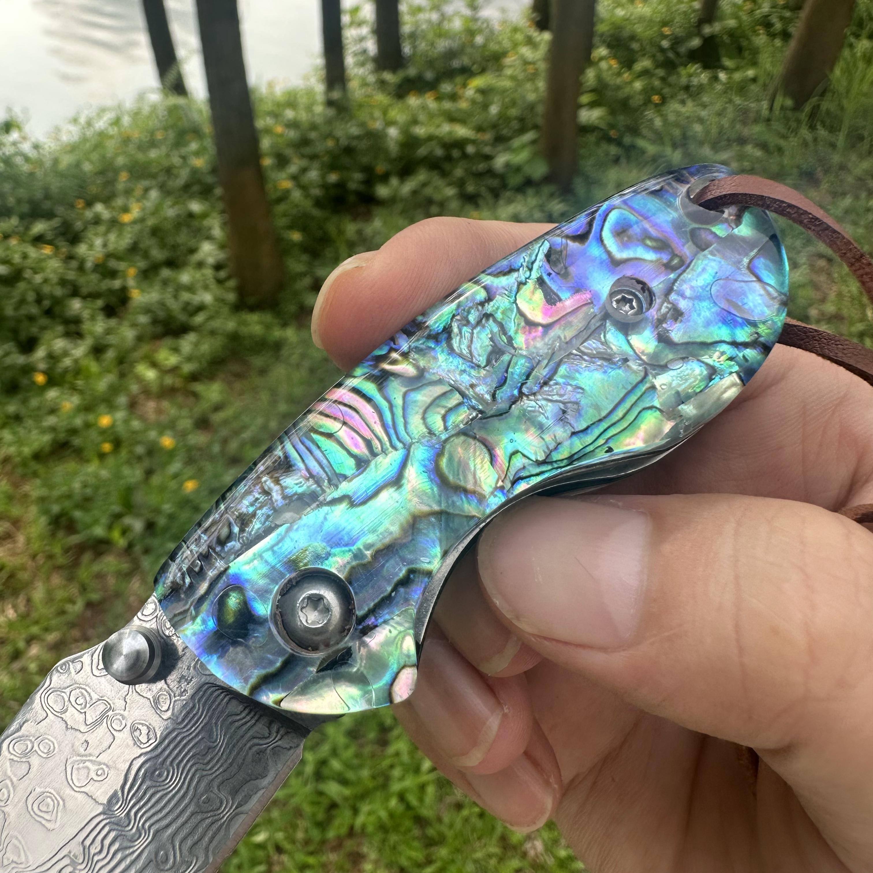 RJ12 Damascus Blade Abalone Handle Mini Pocket Knife Liner Lock