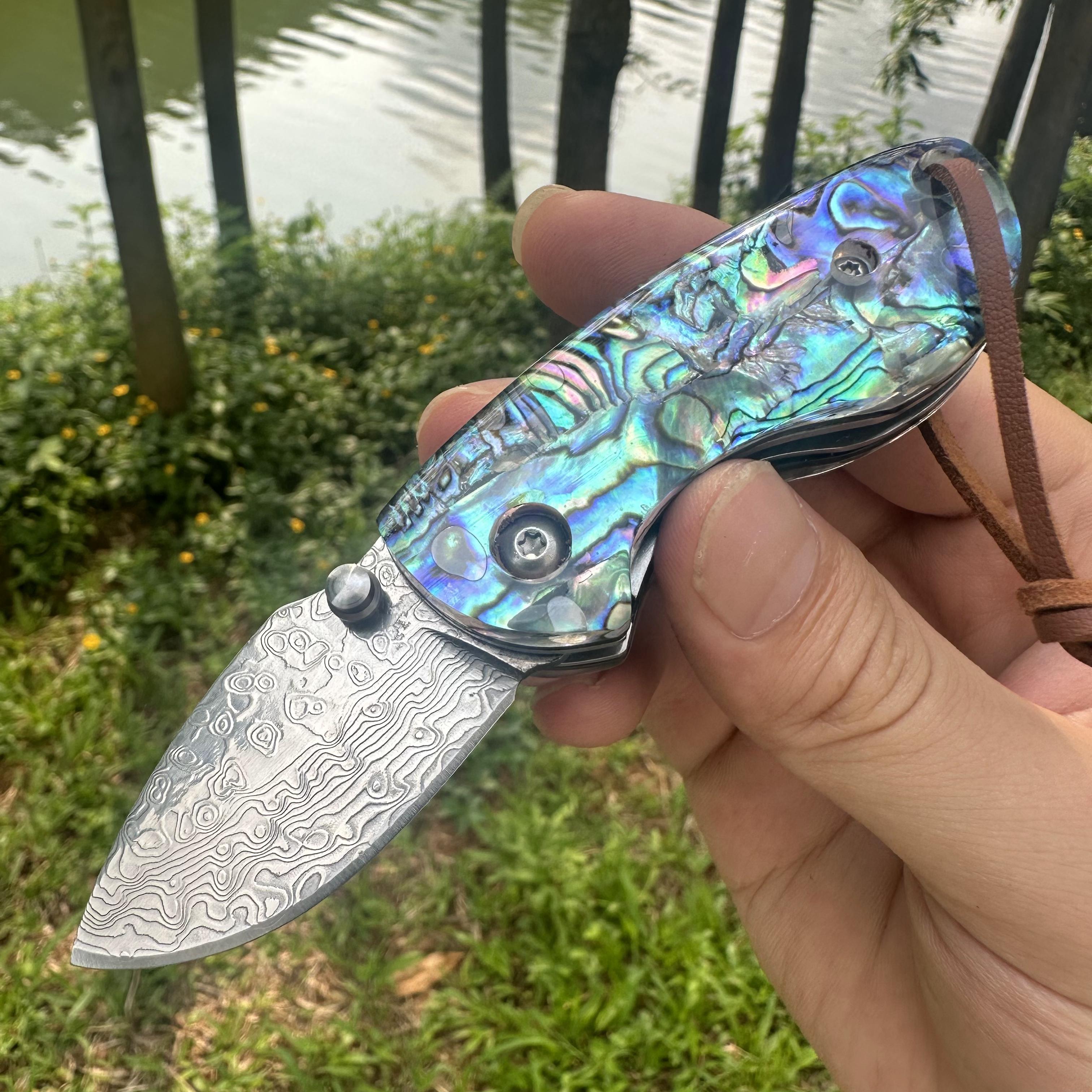 RJ12 Damascus Blade Abalone Handle Mini Pocket Knife Liner Lock