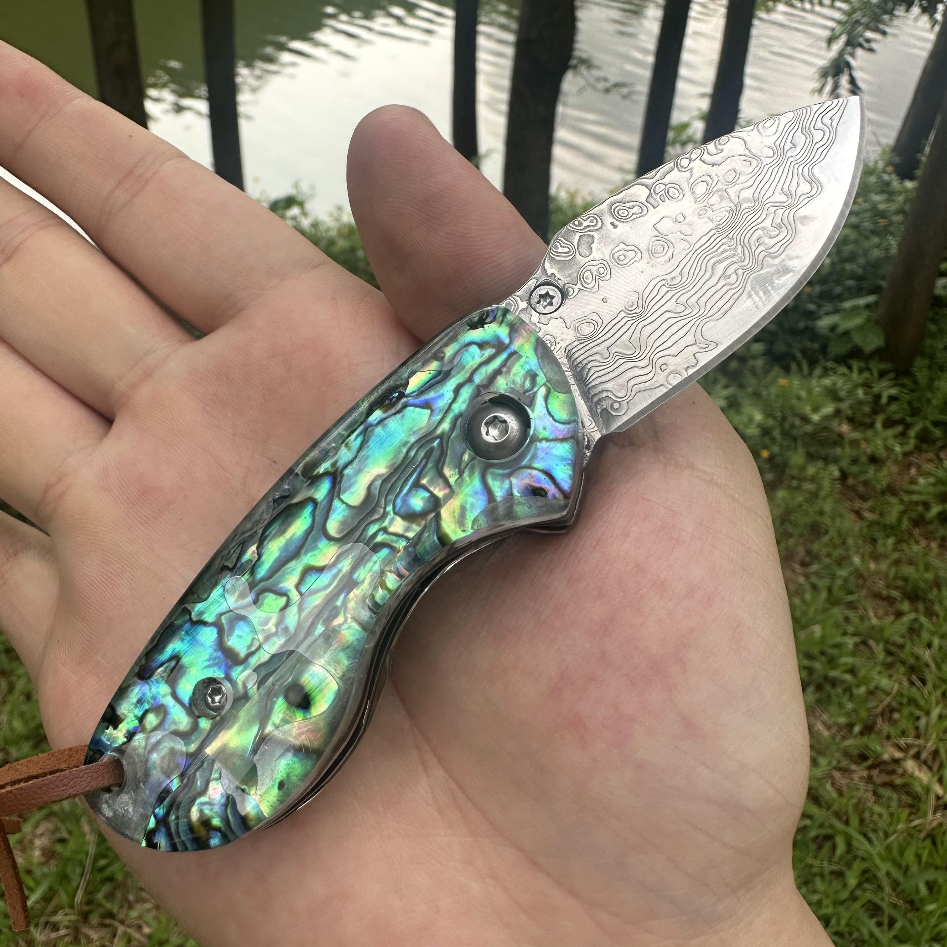 RJ12 Damascus Blade Abalone Handle Mini Pocket Knife Liner Lock