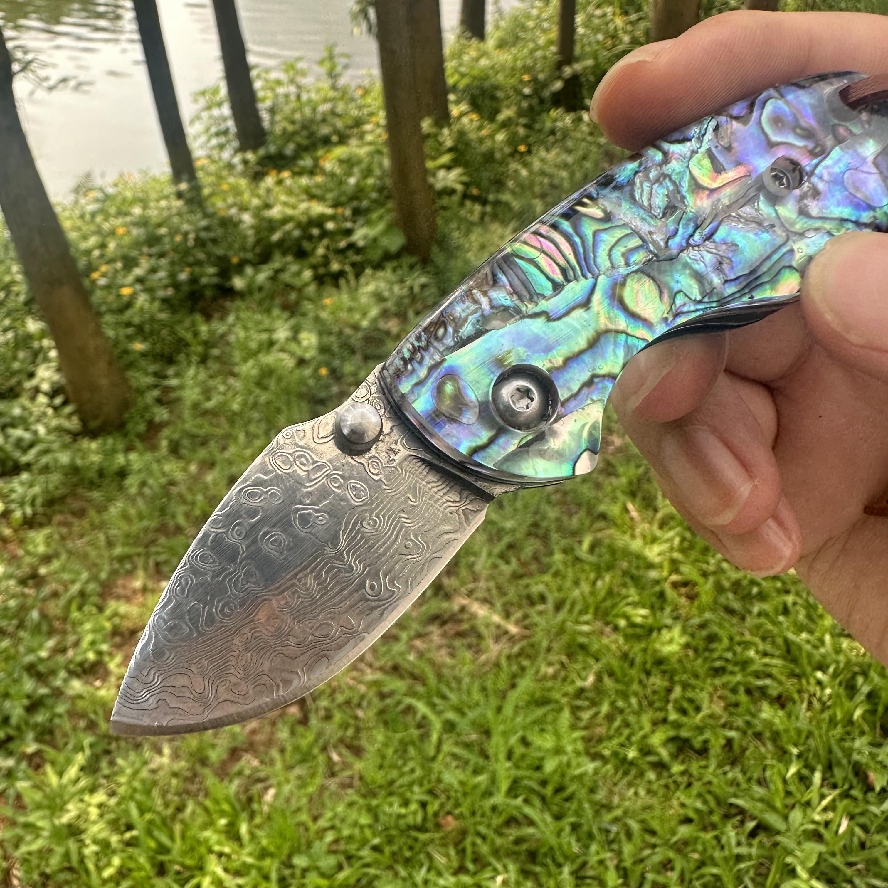 RJ12 Damascus Blade Abalone Handle Mini Pocket Knife Liner Lock