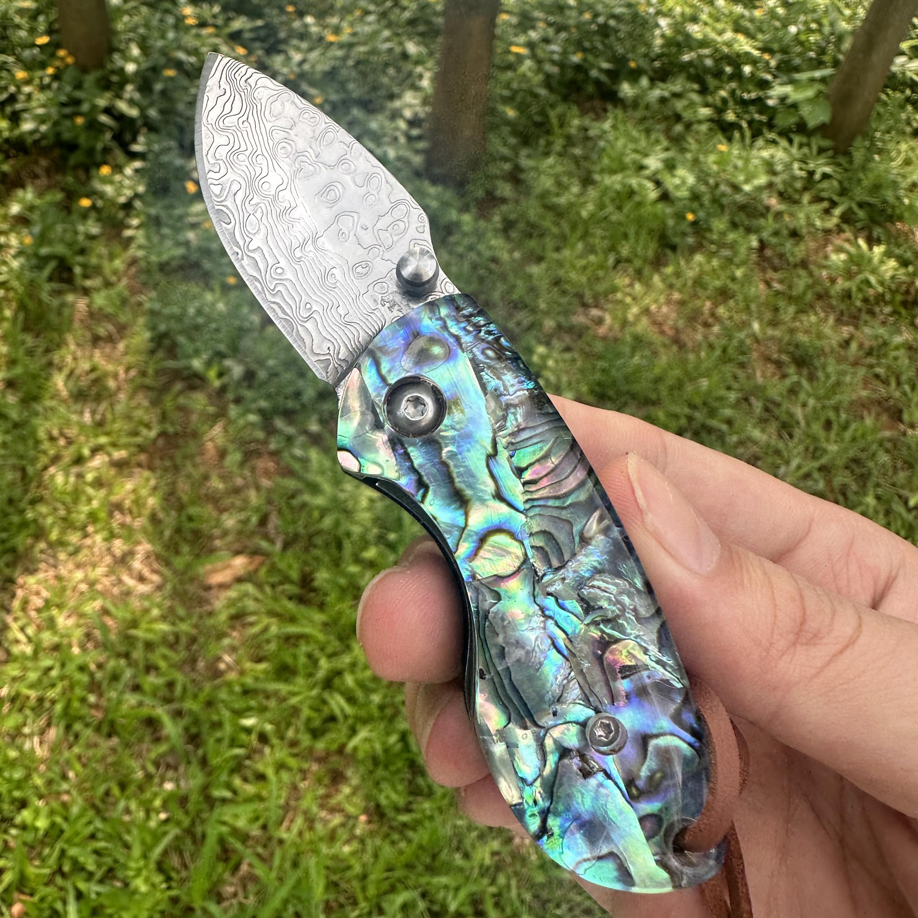 RJ12 Damascus Blade Abalone Handle Mini Pocket Knife Liner Lock