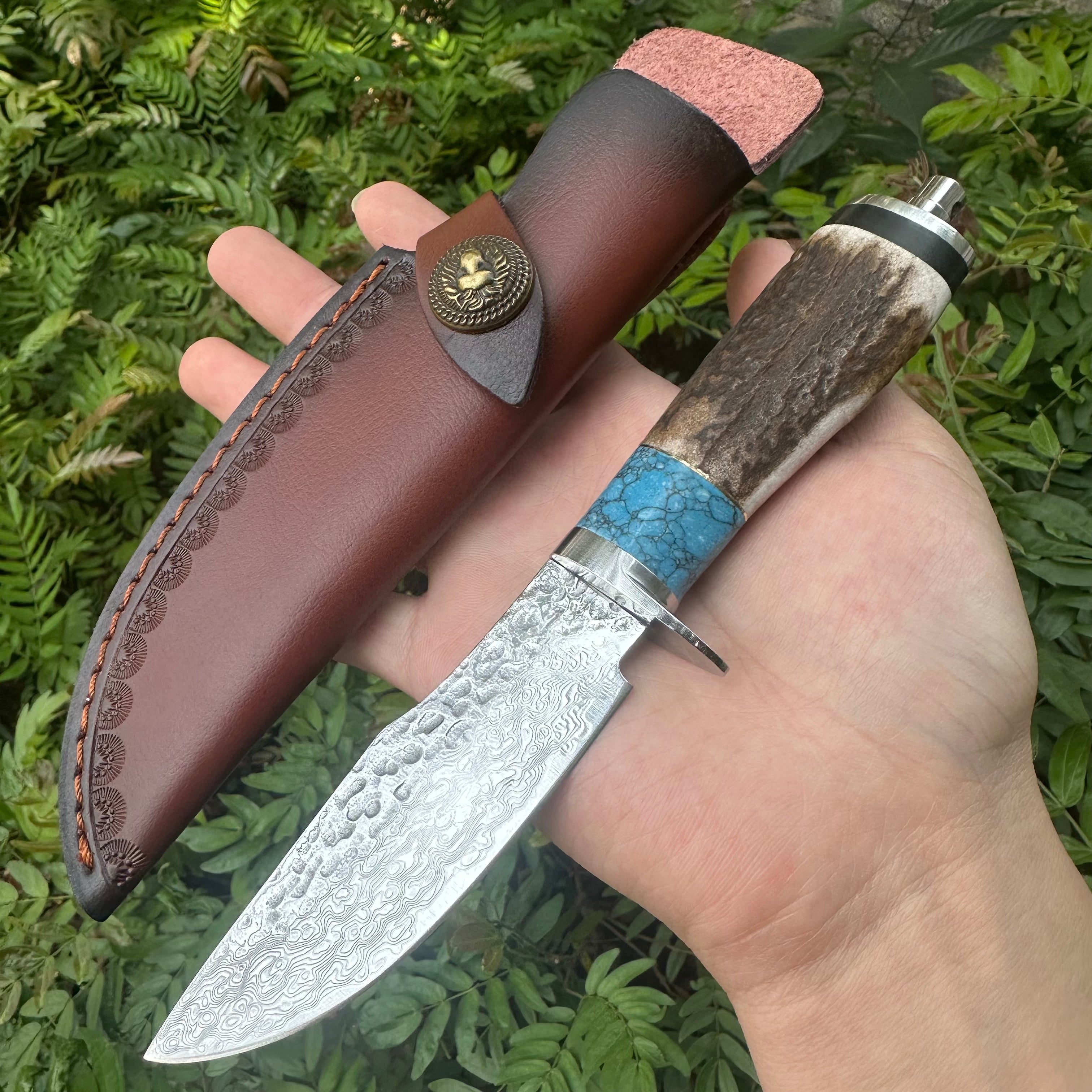 A034 Fixed Damascus VG10 Blade Knife Antlers Handle Leather Sheath