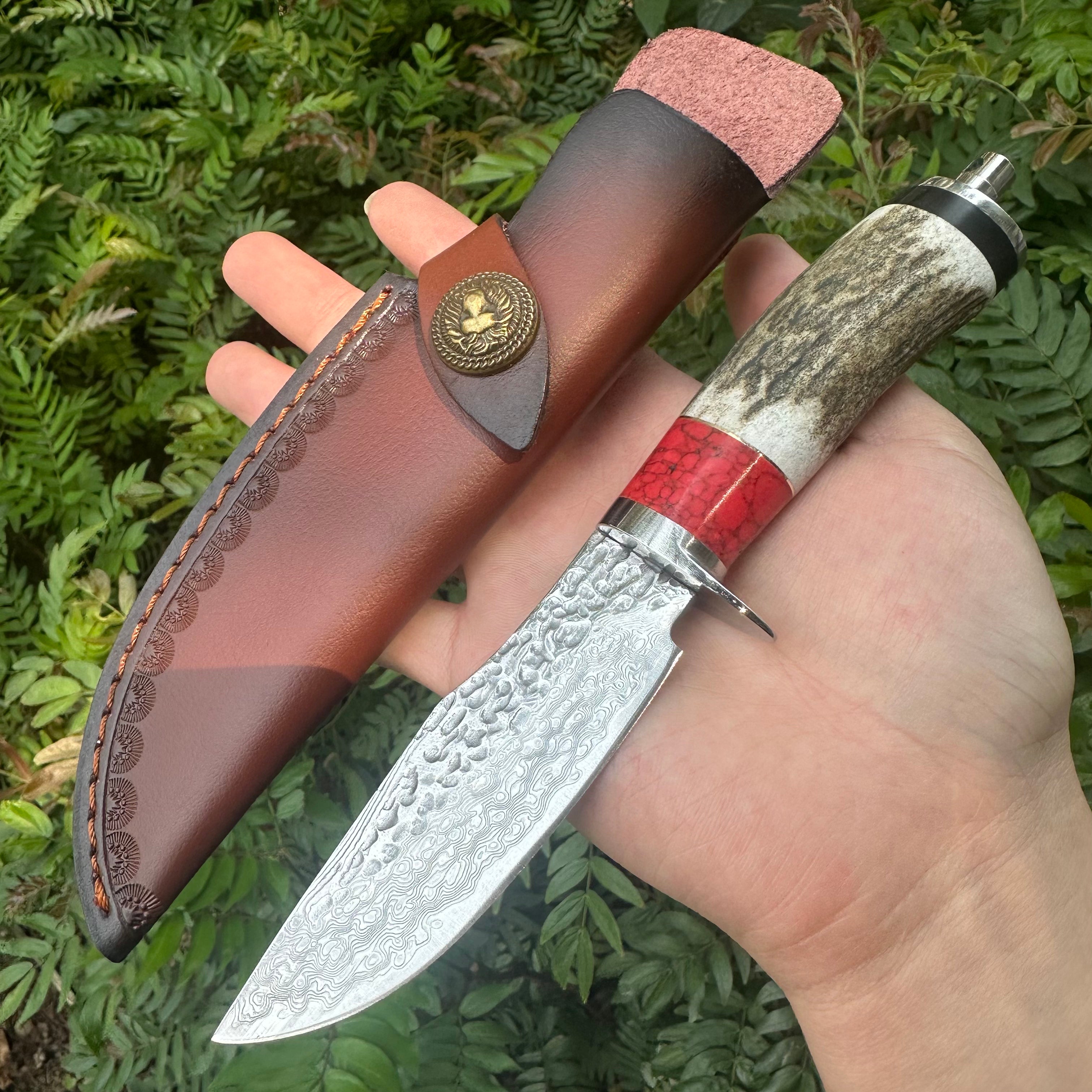 A034 Fixed Damascus VG10 Blade Knife Antlers Handle Leather Sheath