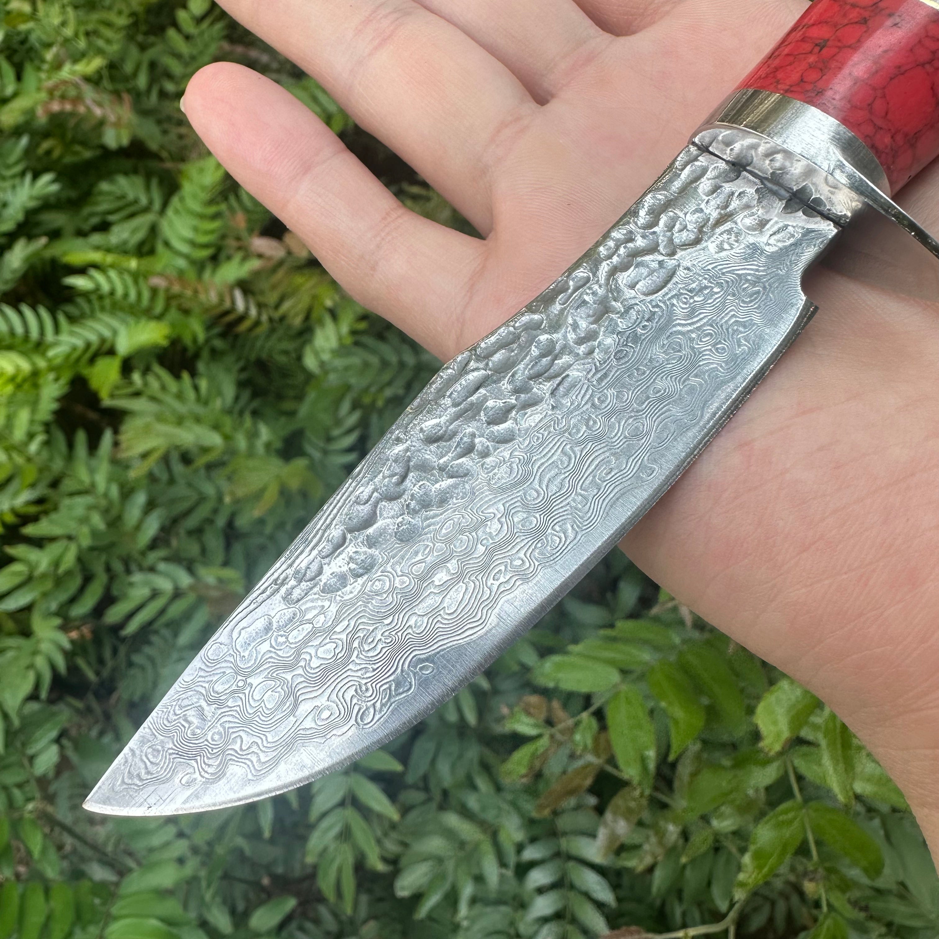 A034 Fixed Damascus VG10 Blade Knife Antlers Handle Leather Sheath
