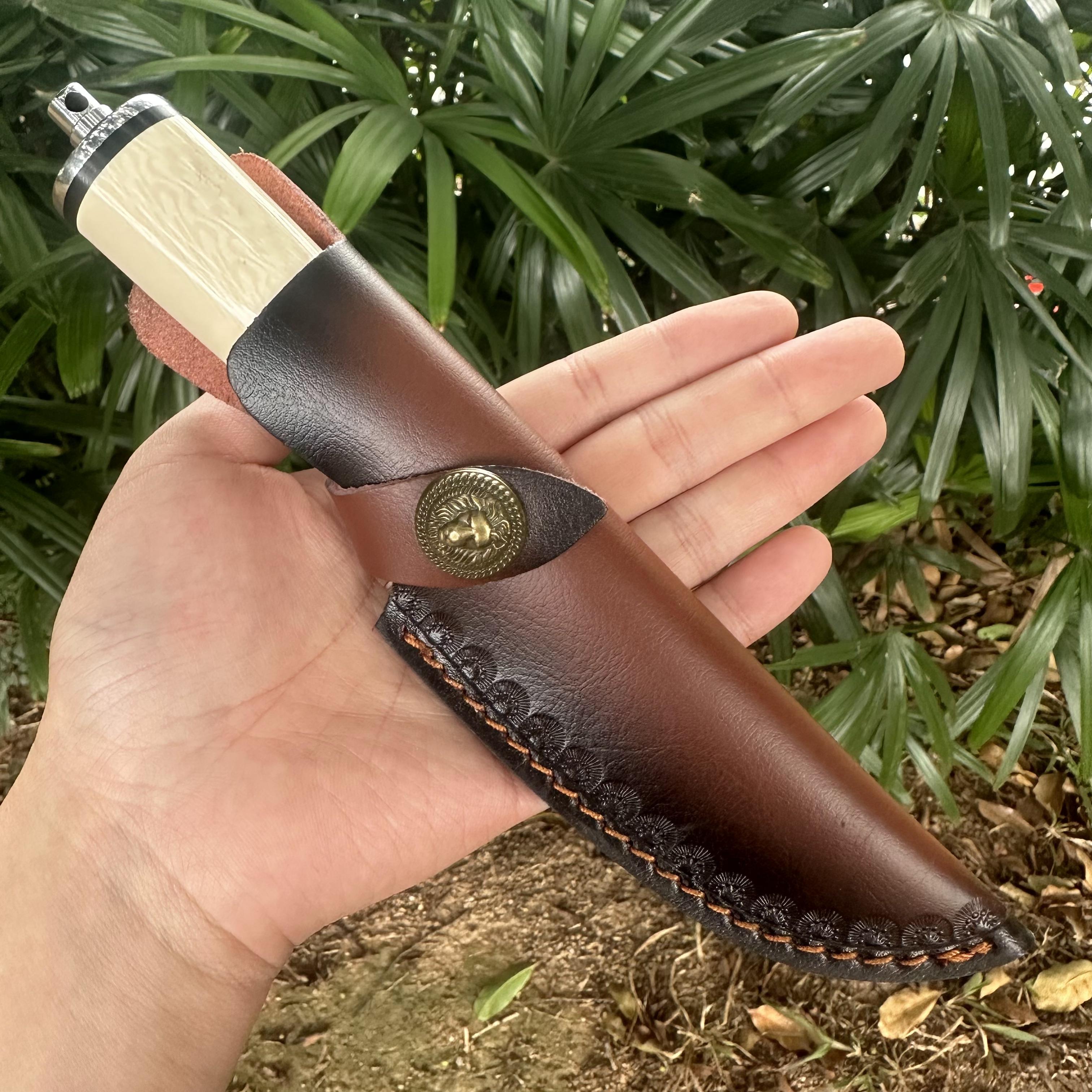 A032 Fixed Damascus VG10 Blade Knife White Resin Handle Leather Sheath