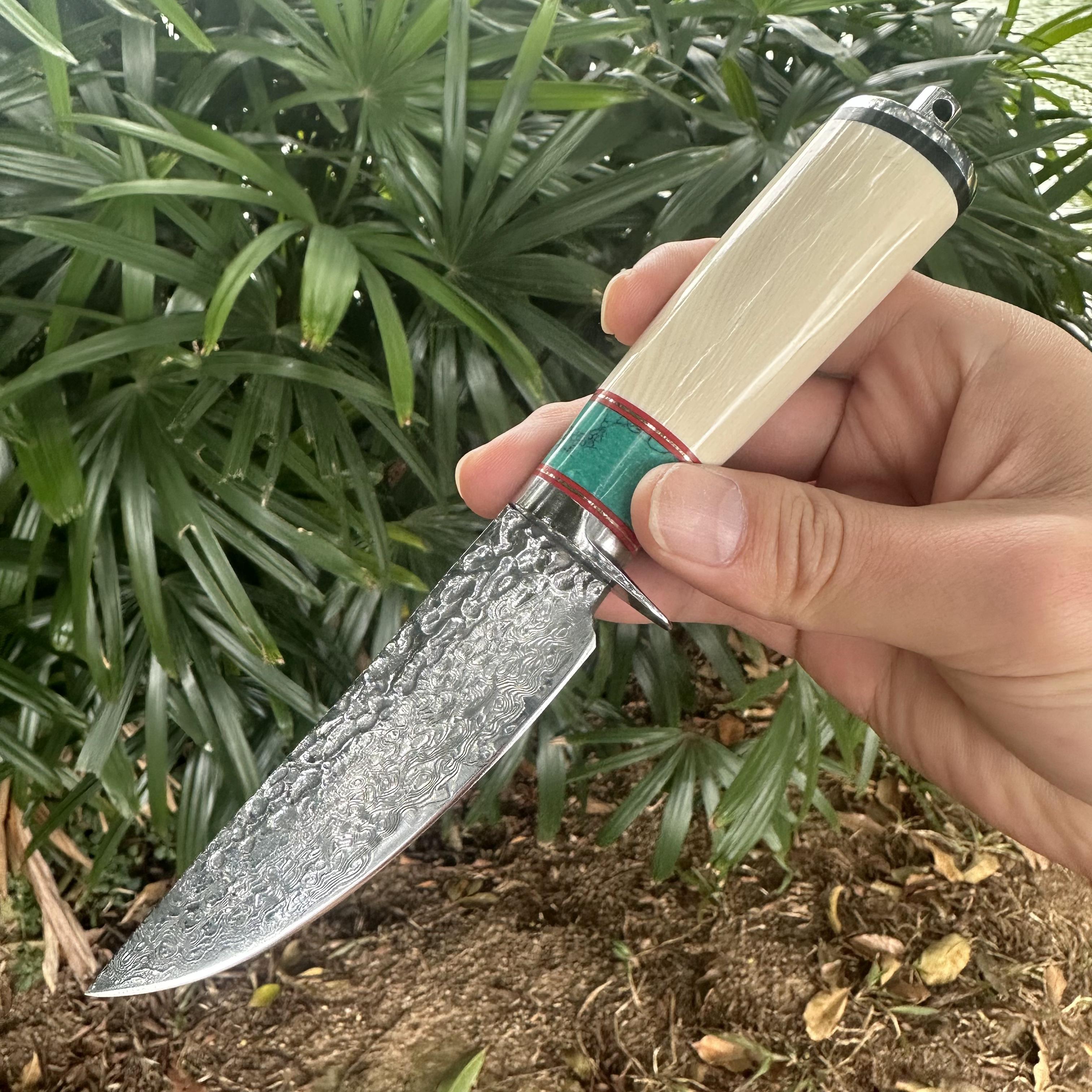A032 Fixed Damascus VG10 Blade Knife White Resin Handle Leather Sheath