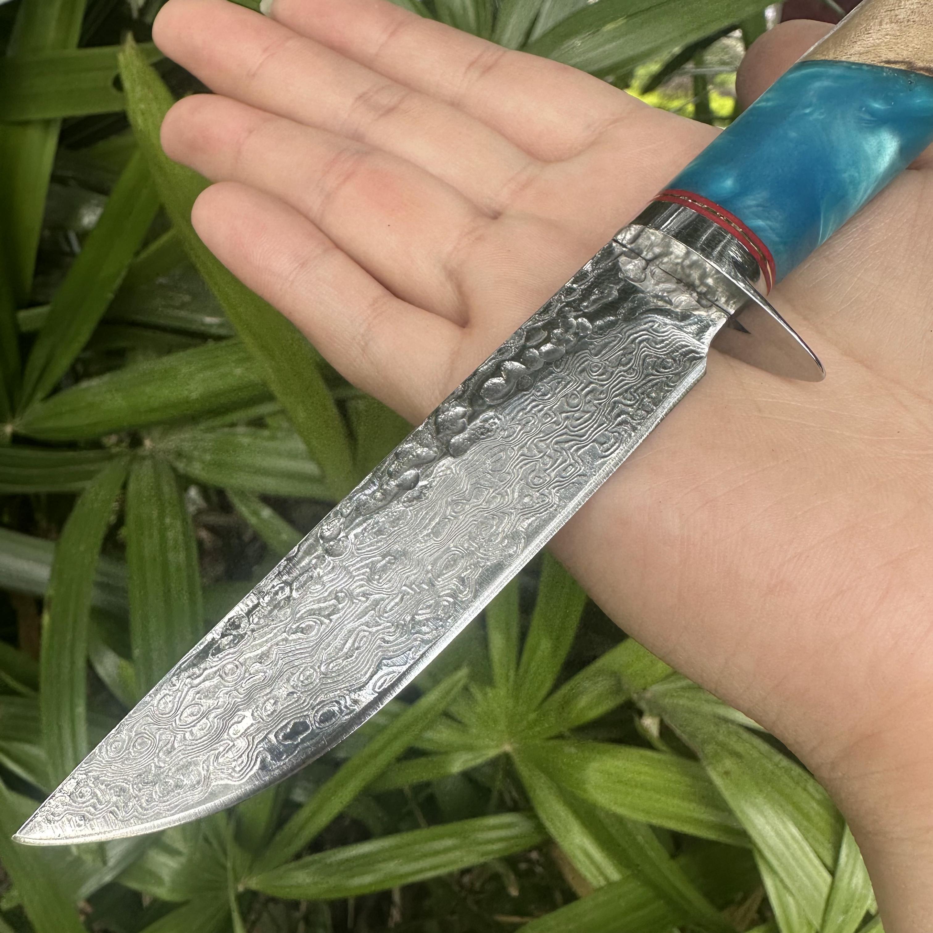 A031 Fixed Damascus VG10 Blade Knife Resin & Wood Handle Leather Sheath