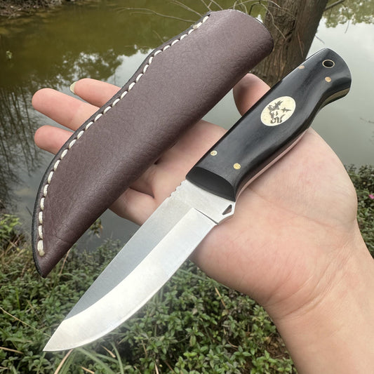NK1313  Fixed AUS-8 Blade Knife Sandalwood Handle Leather Sheath