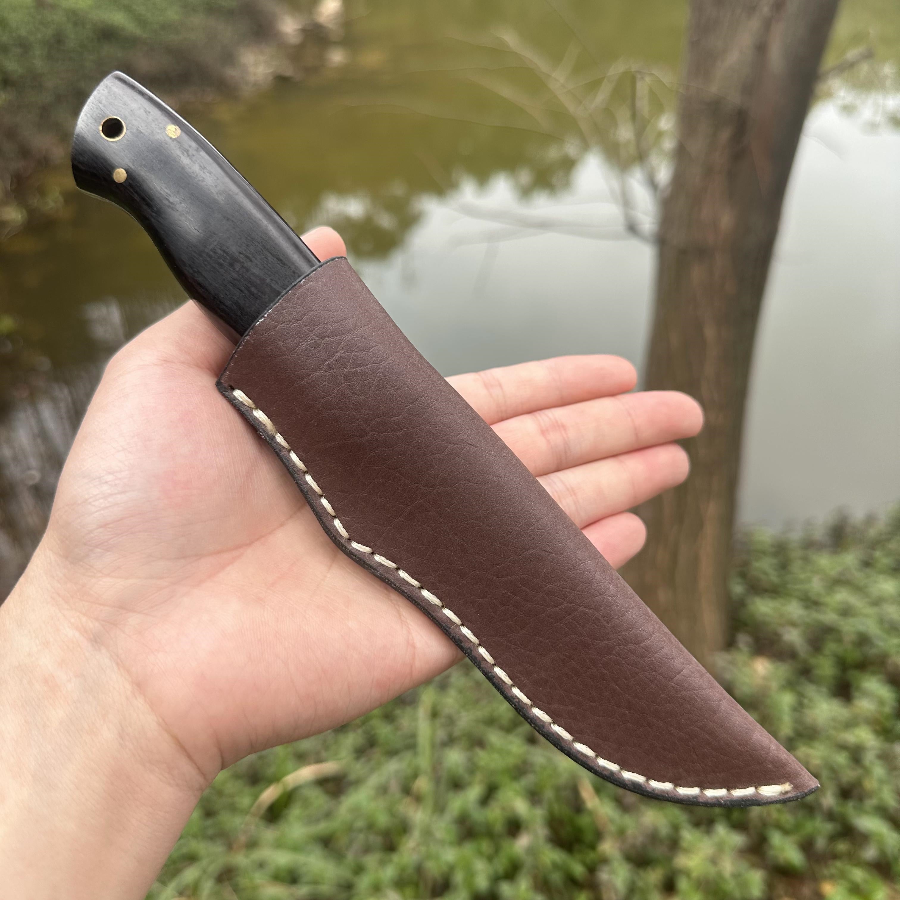 NK1313  Fixed AUS-8 Blade Knife Sandalwood Handle Leather Sheath