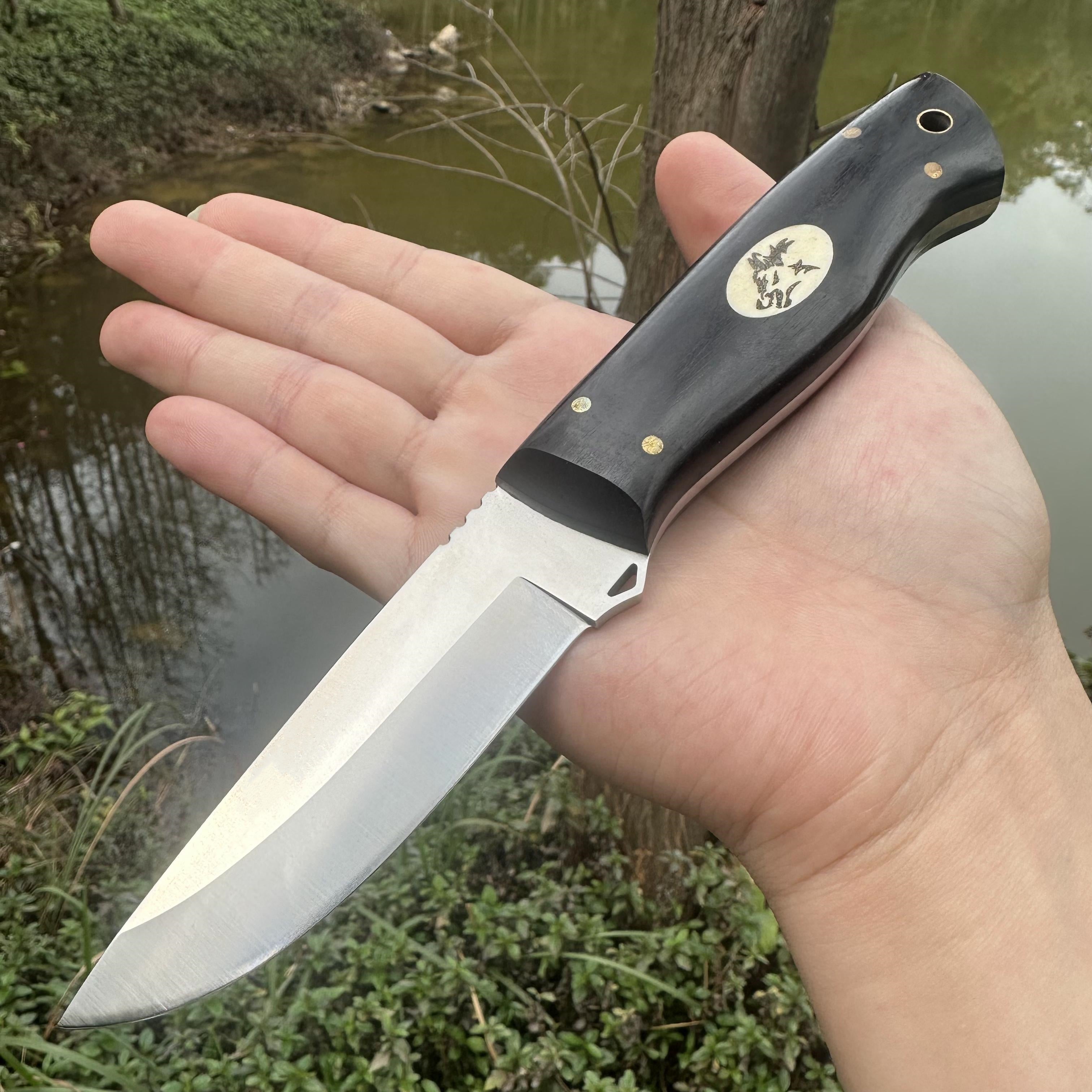 NK1313  Fixed AUS-8 Blade Knife Sandalwood Handle Leather Sheath