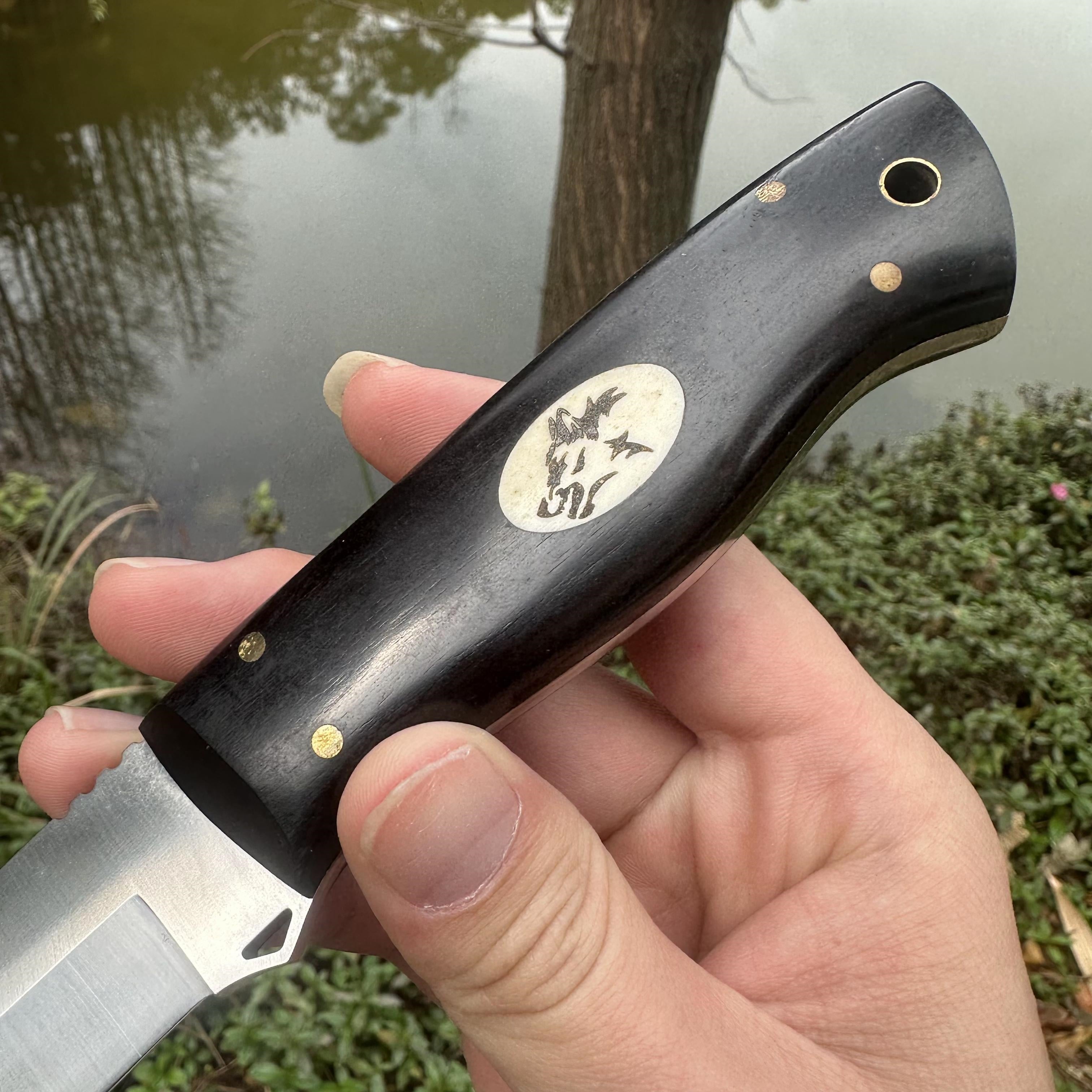 NK1313  Fixed AUS-8 Blade Knife Sandalwood Handle Leather Sheath