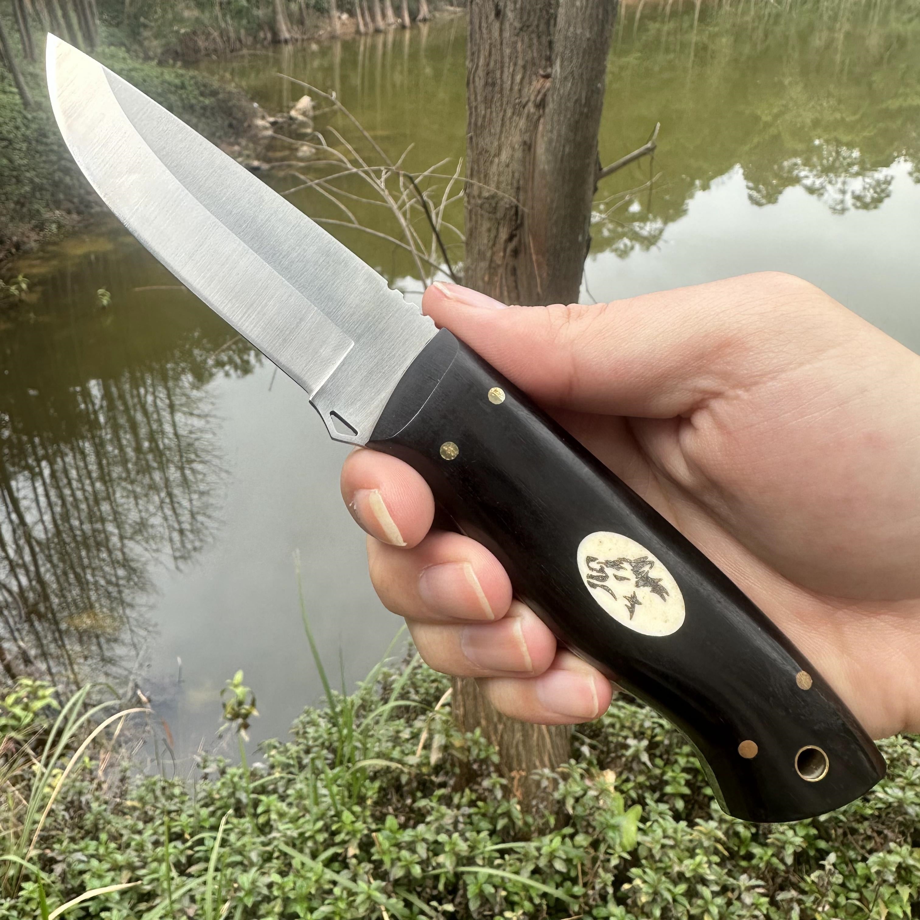 NK1313  Fixed AUS-8 Blade Knife Sandalwood Handle Leather Sheath