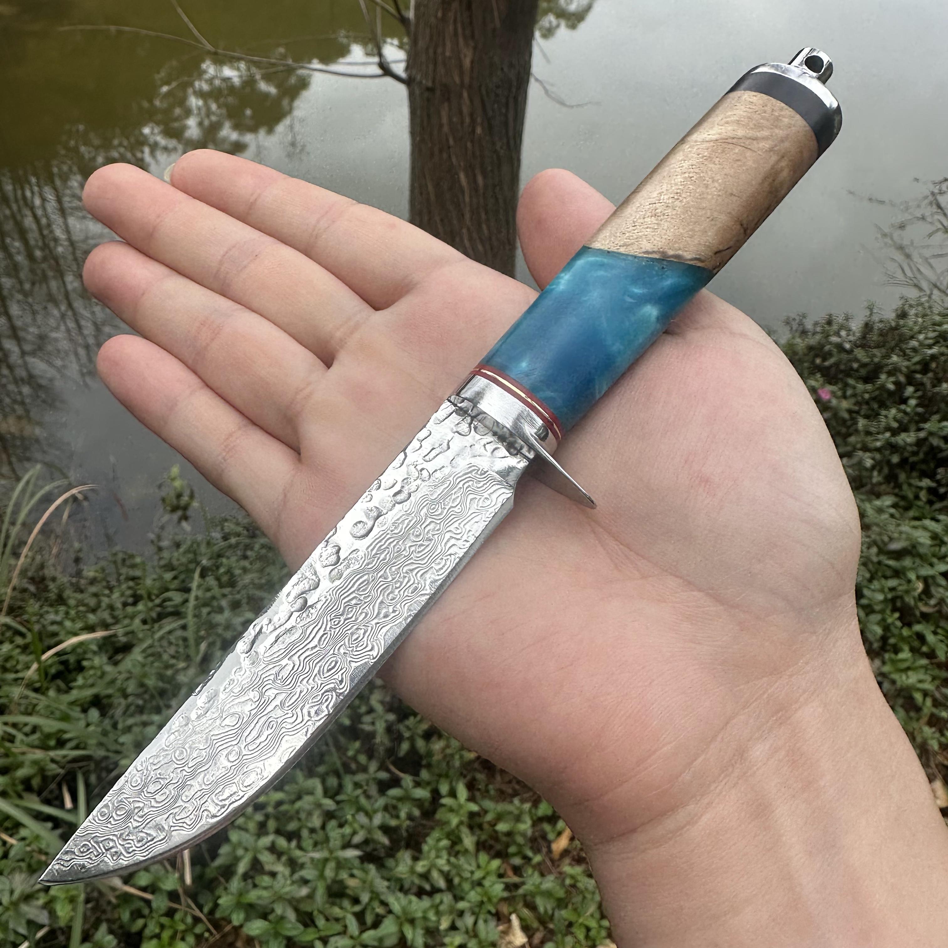 A031 Fixed Damascus VG10 Blade Knife Resin & Wood Handle Leather Sheath