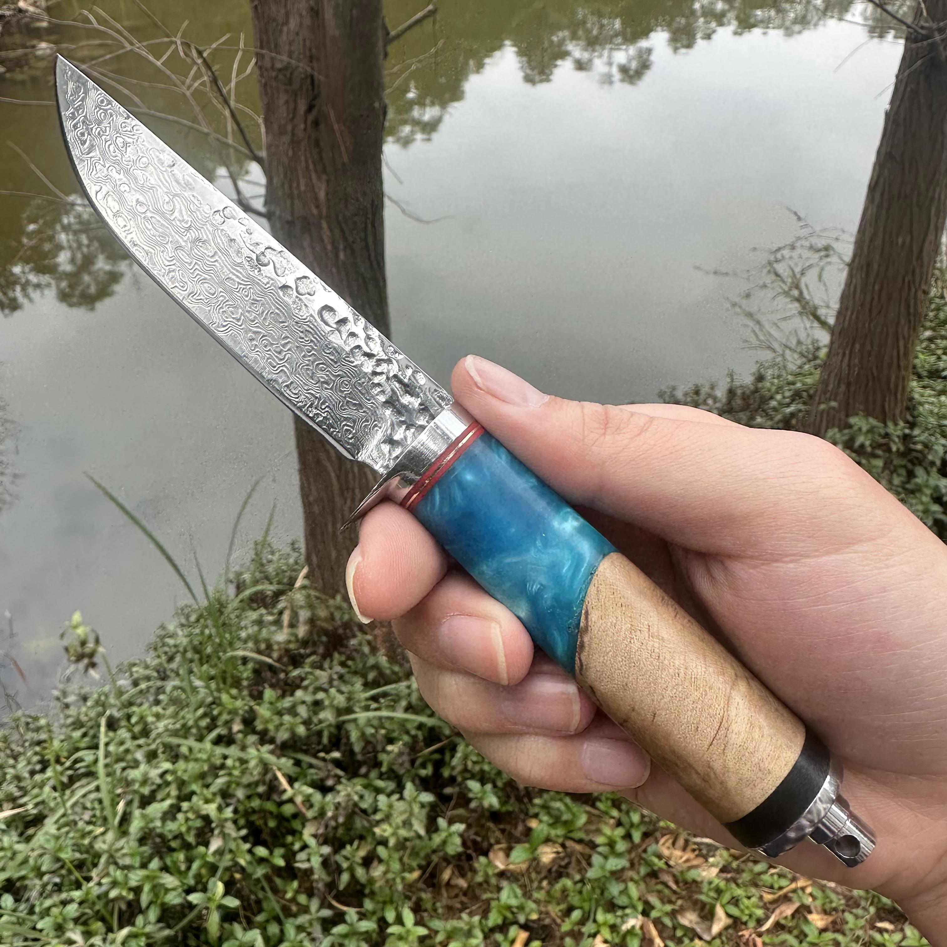 A031 Fixed Damascus VG10 Blade Knife Resin & Wood Handle Leather Sheath