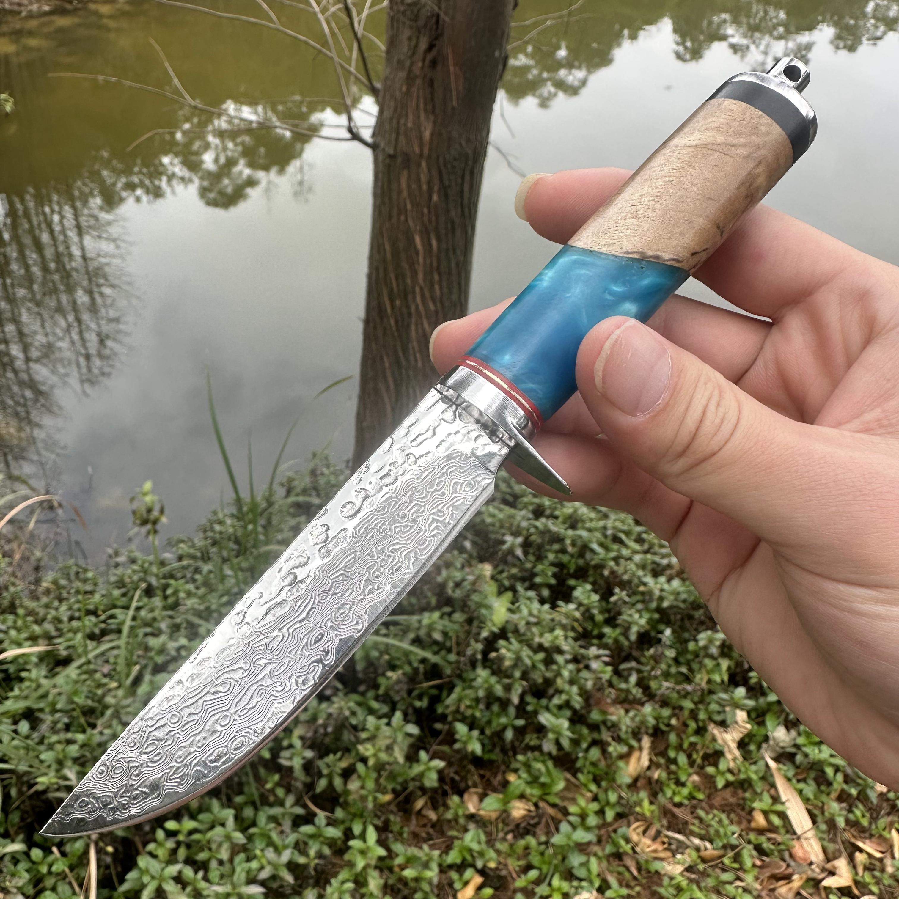A031 Fixed Damascus VG10 Blade Knife Resin & Wood Handle Leather Sheath