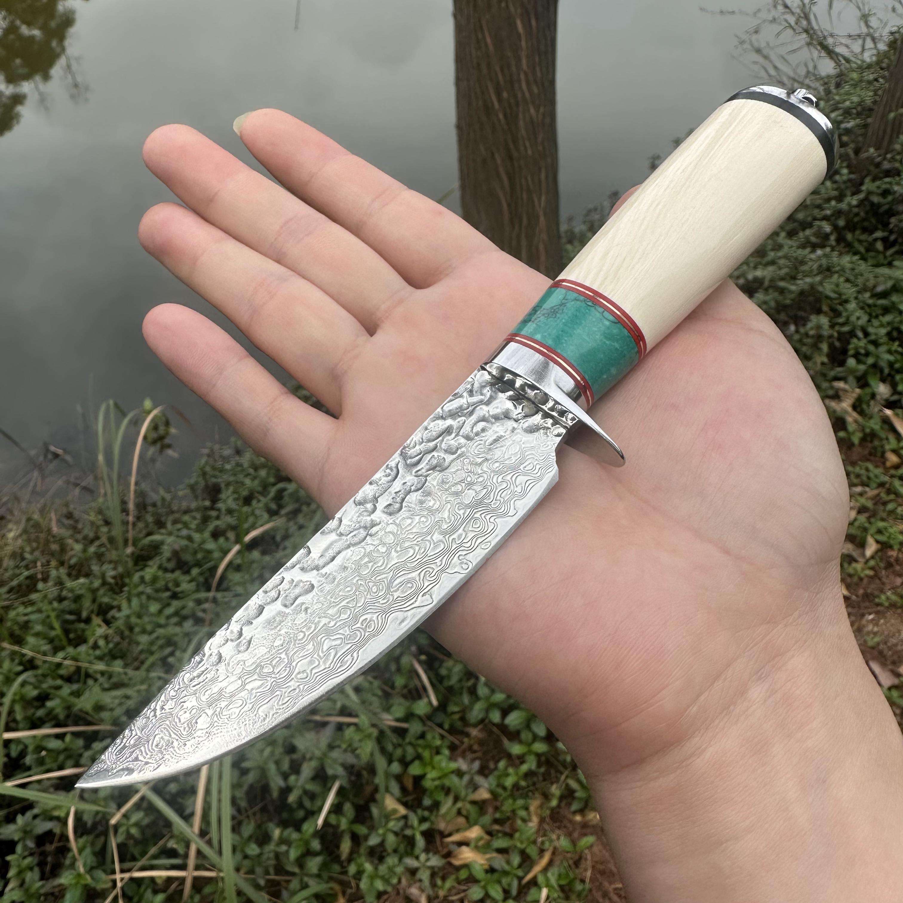 A032 Fixed Damascus VG10 Blade Knife White Resin Handle Leather Sheath