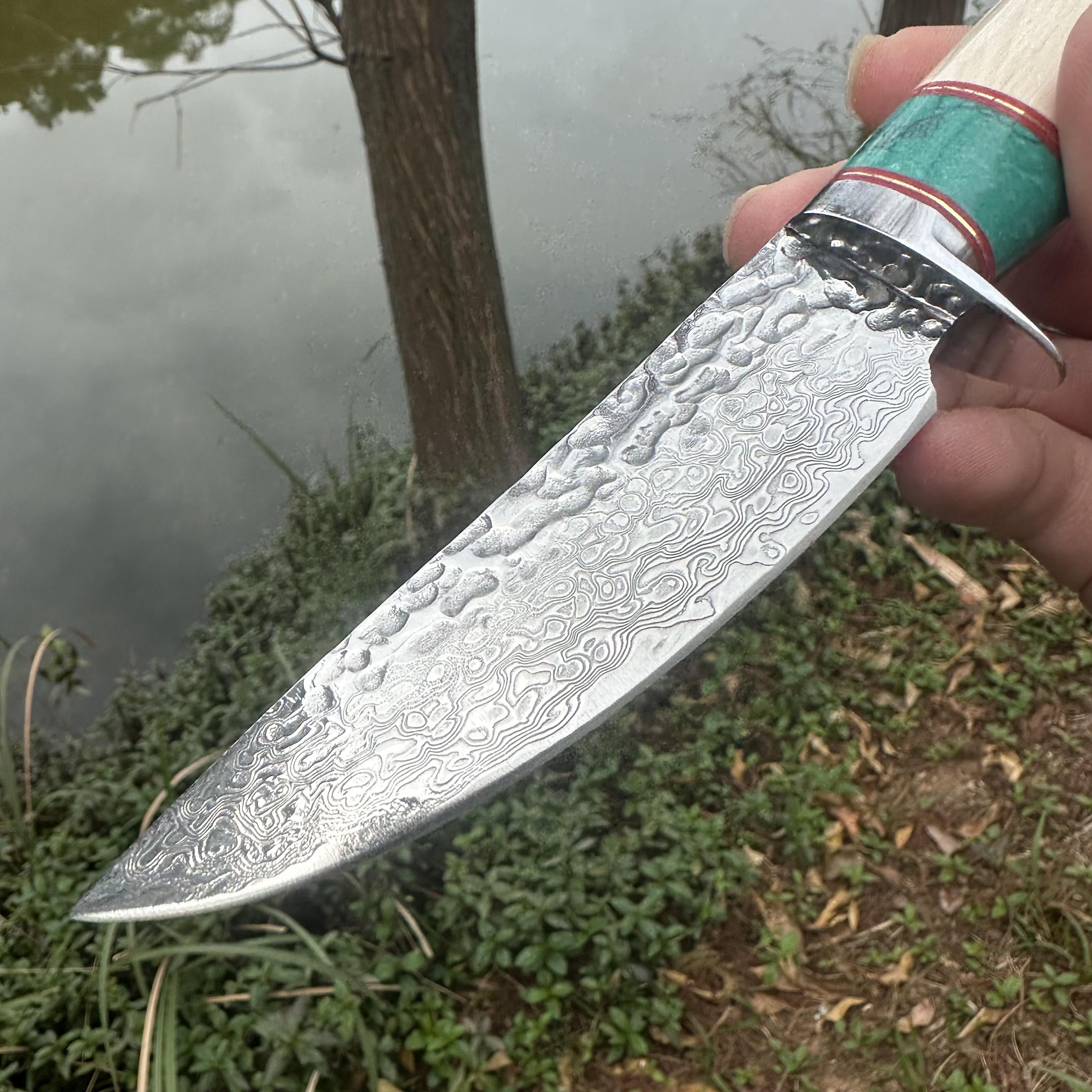 A032 Fixed Damascus VG10 Blade Knife White Resin Handle Leather Sheath
