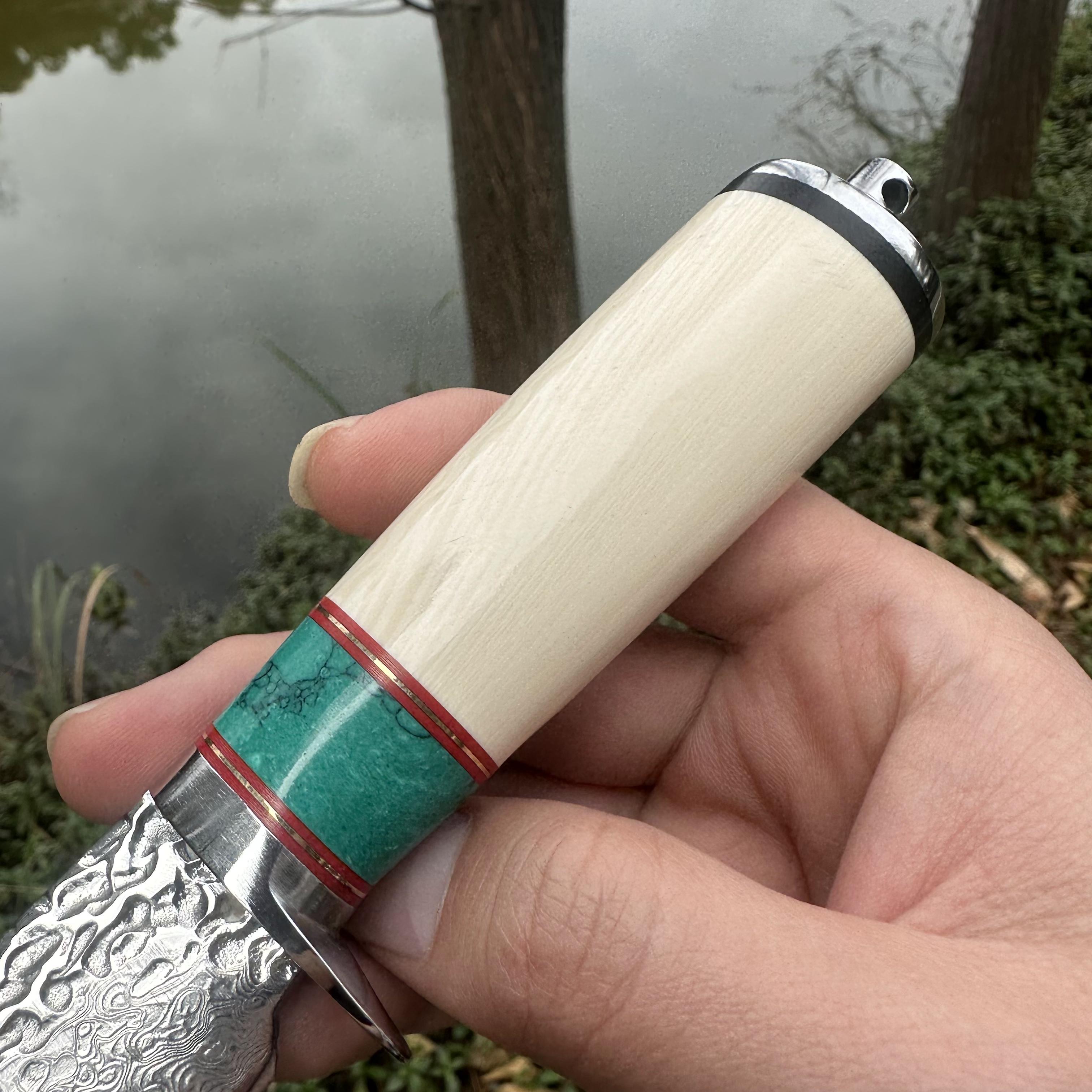 A032 Fixed Damascus VG10 Blade Knife White Resin Handle Leather Sheath