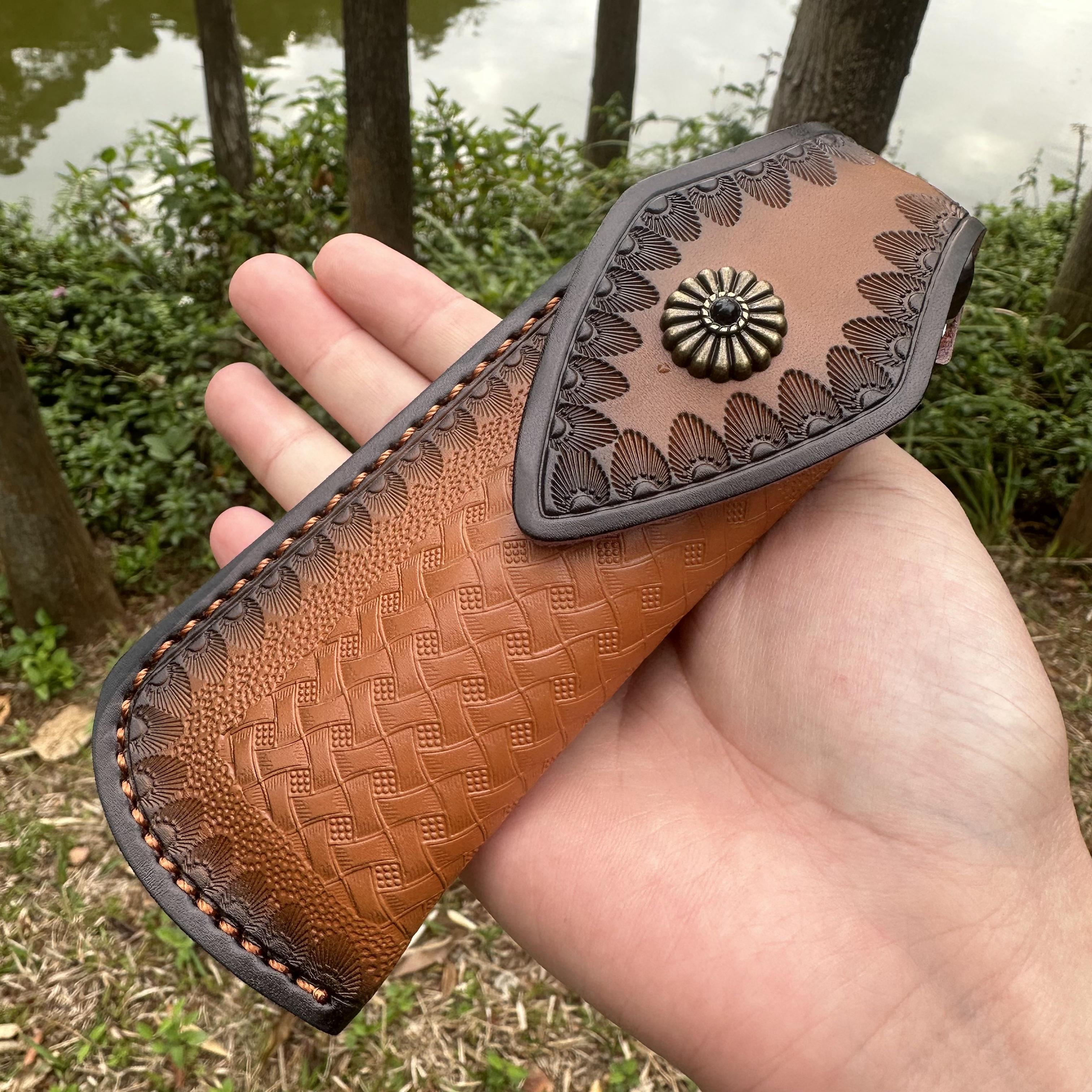 RJ18 D2 Blade Sandalwood Handle Pocket Knife Leather Sheath Liner Lock